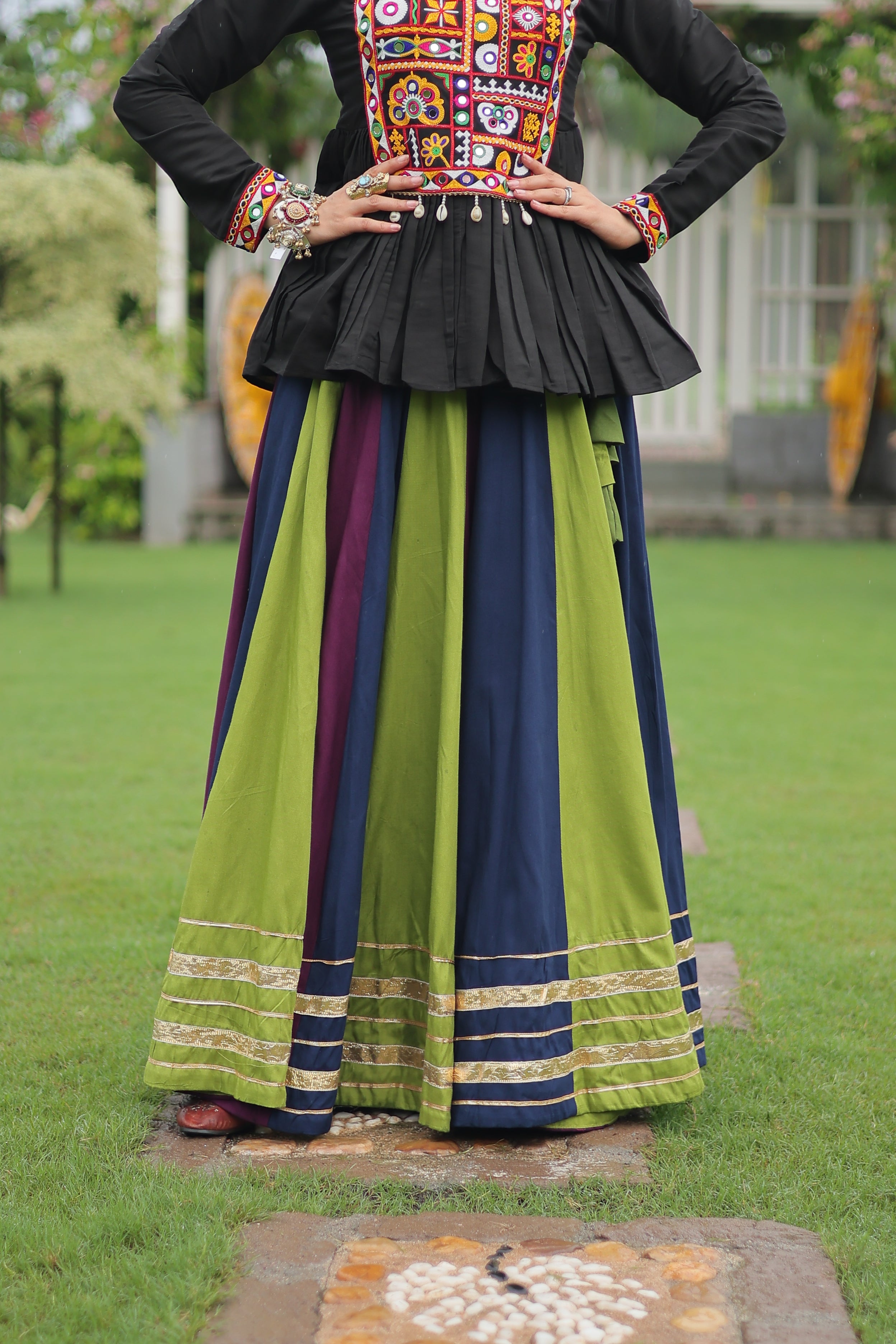 Black Mirror Embroidered Peplum Choli with Multicolor Kutchi Work