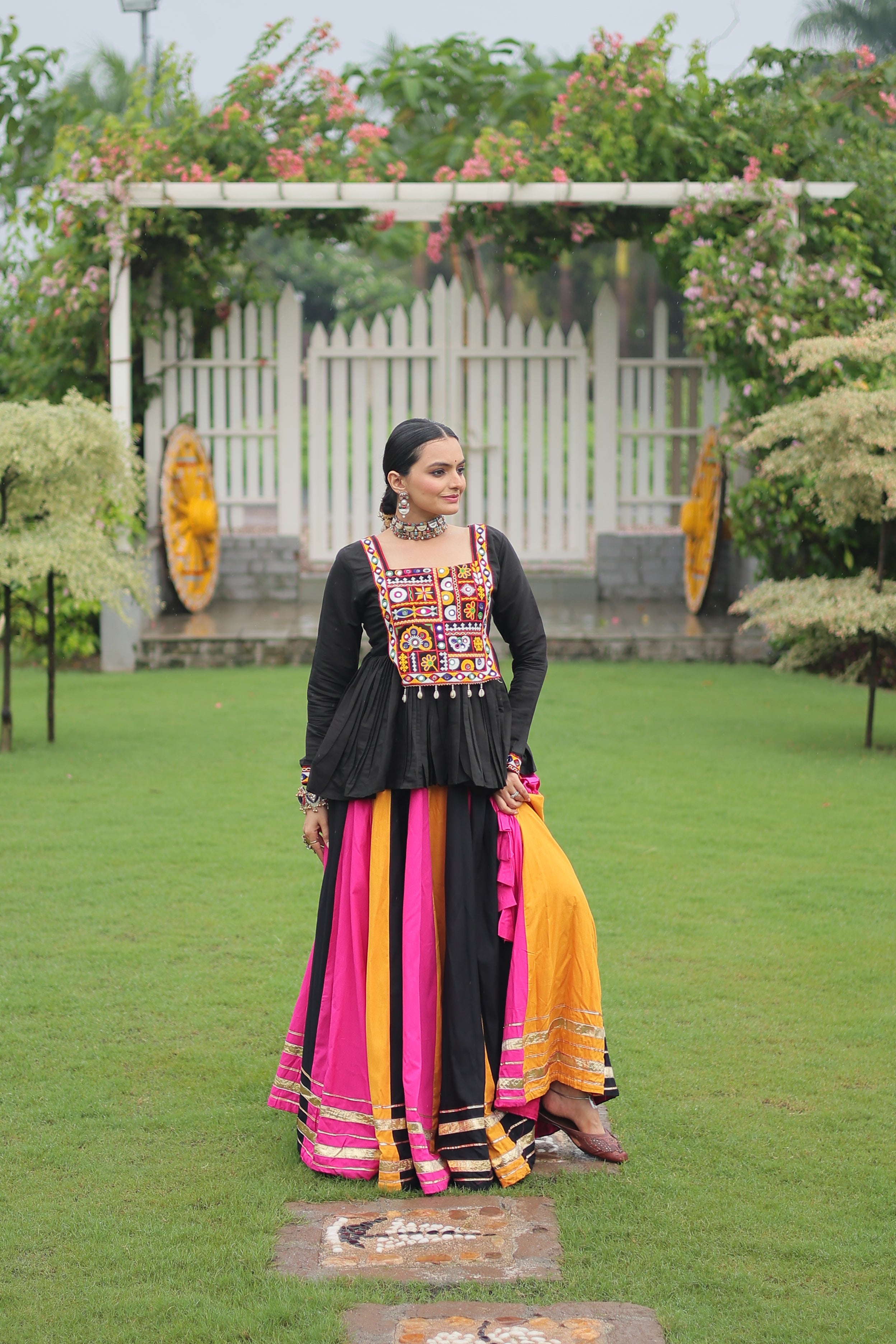 Black Mirror Embroidered Peplum Choli with Multicolor Kutchi Work