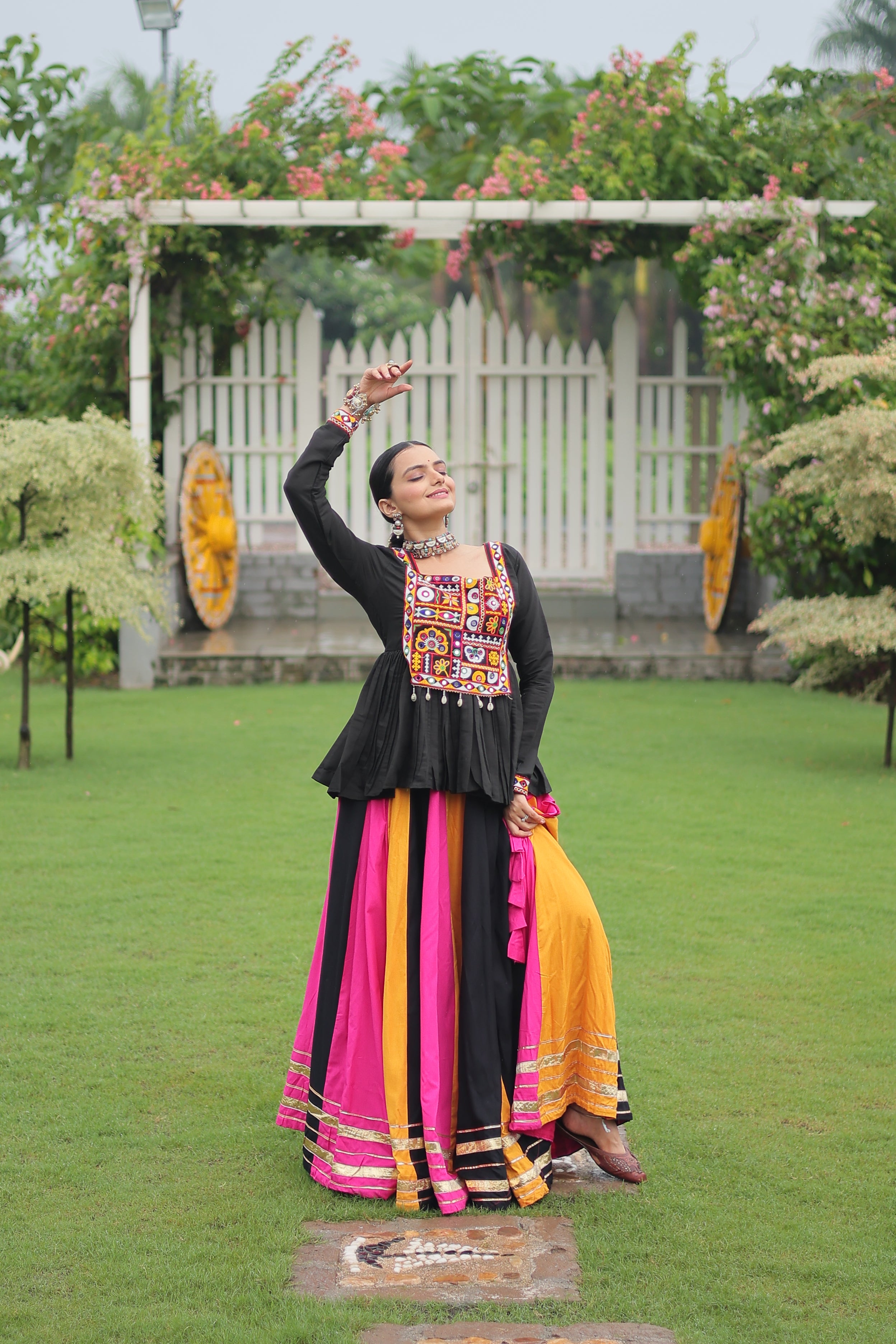 Black Mirror Embroidered Peplum Choli with Multicolor Kutchi Work
