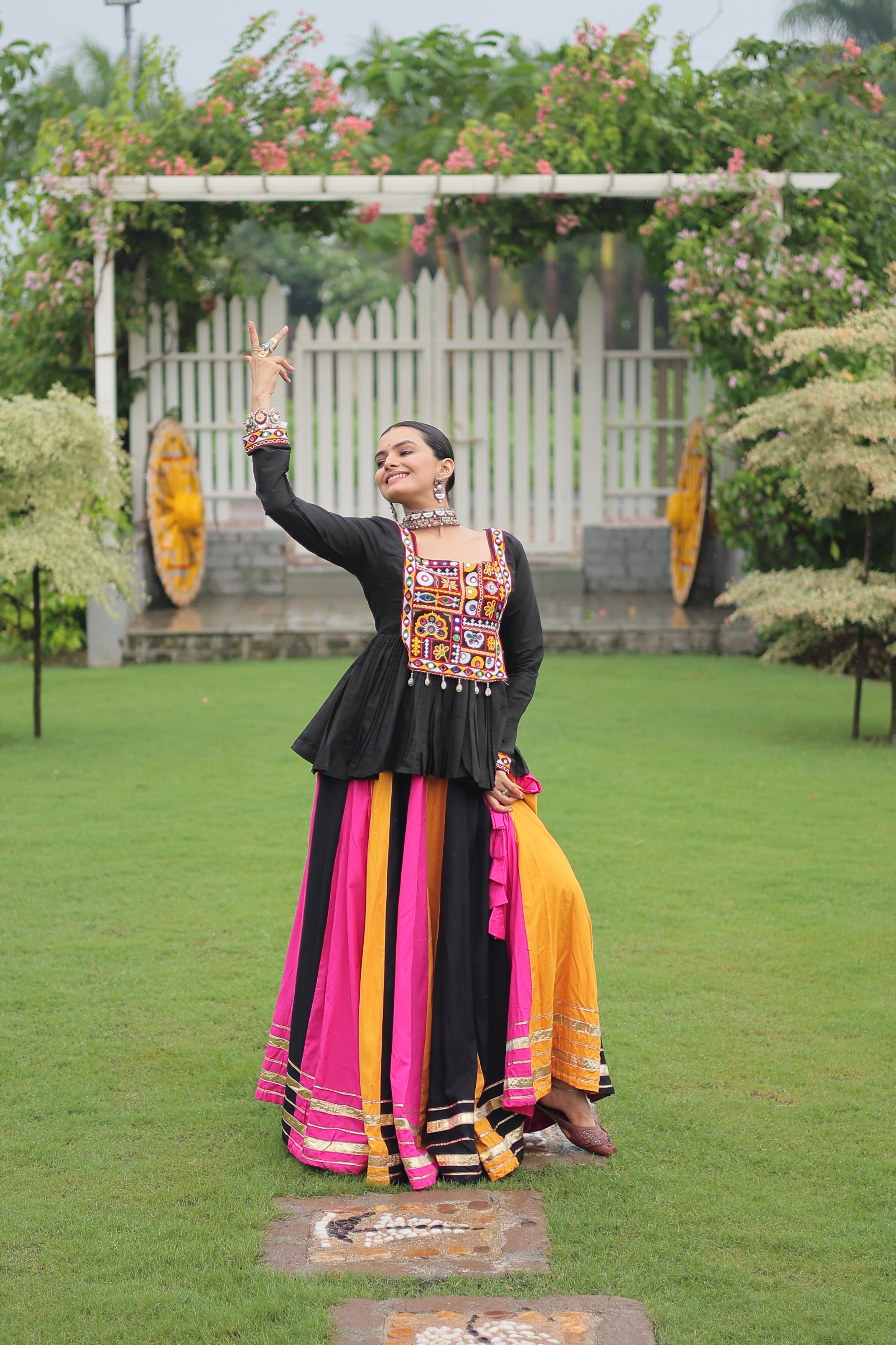 Black Mirror Embroidered Peplum Choli with Multicolor Kutchi Work