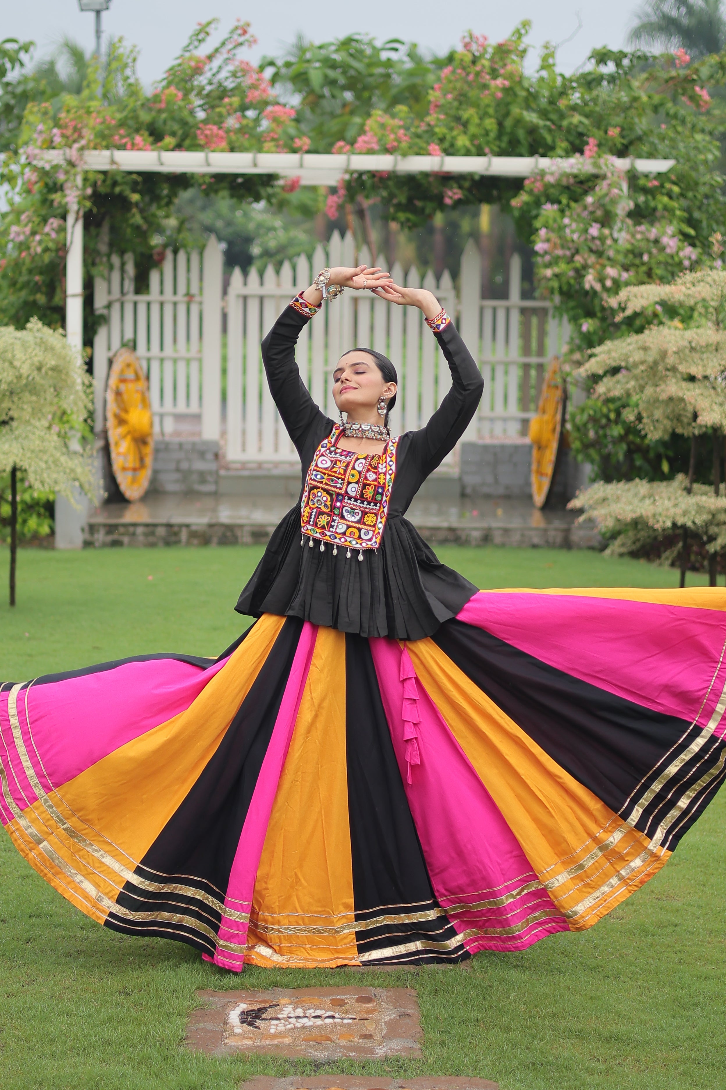 Black Mirror Embroidered Peplum Choli with Multicolor Kutchi Work