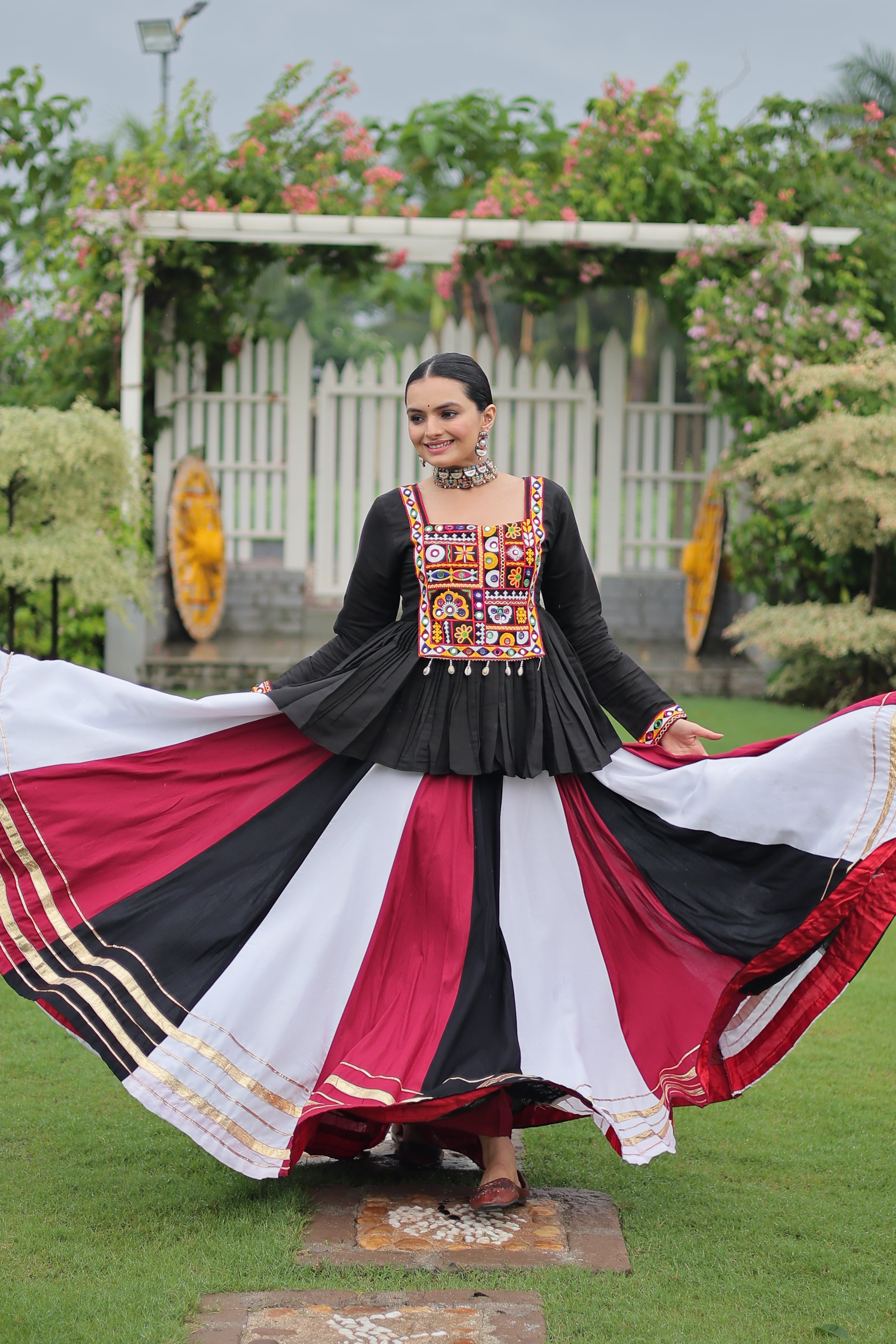 Black Mirror Embroidered Peplum Choli with Multicolor Kutchi Work