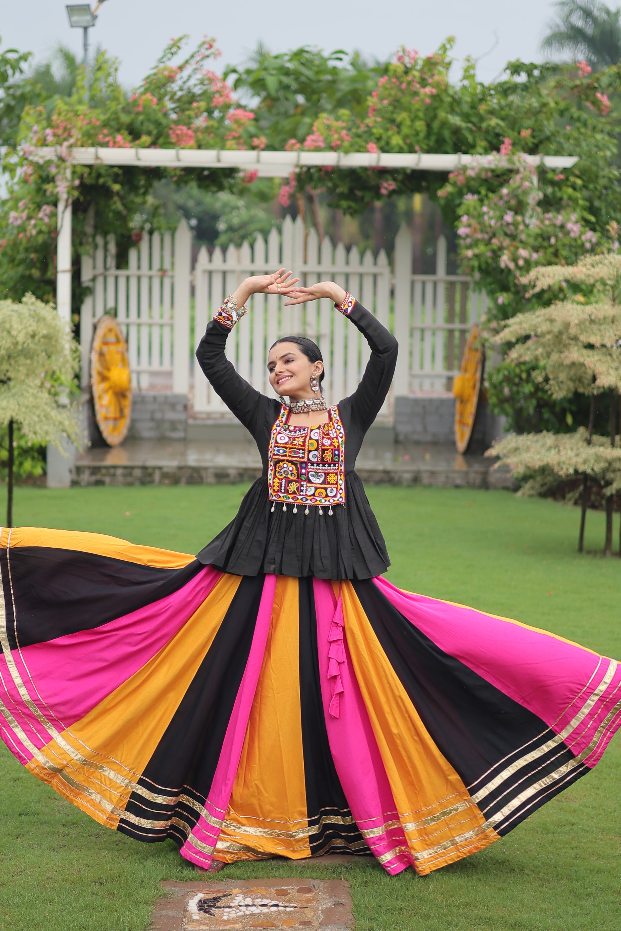 Black Mirror Embroidered Peplum Choli with Multicolor Kutchi Work