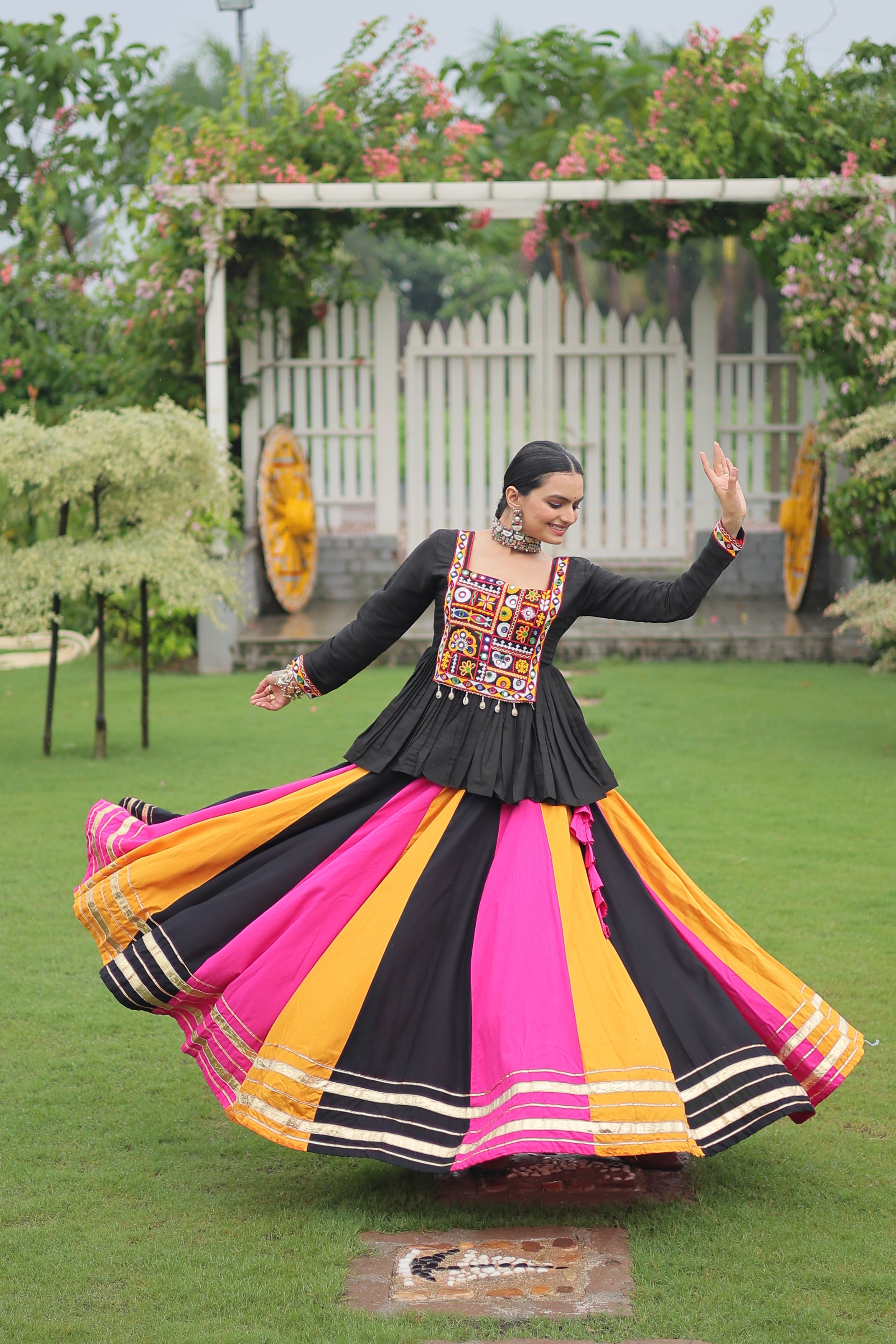 Black Mirror Embroidered Peplum Choli with Multicolor Kutchi Work