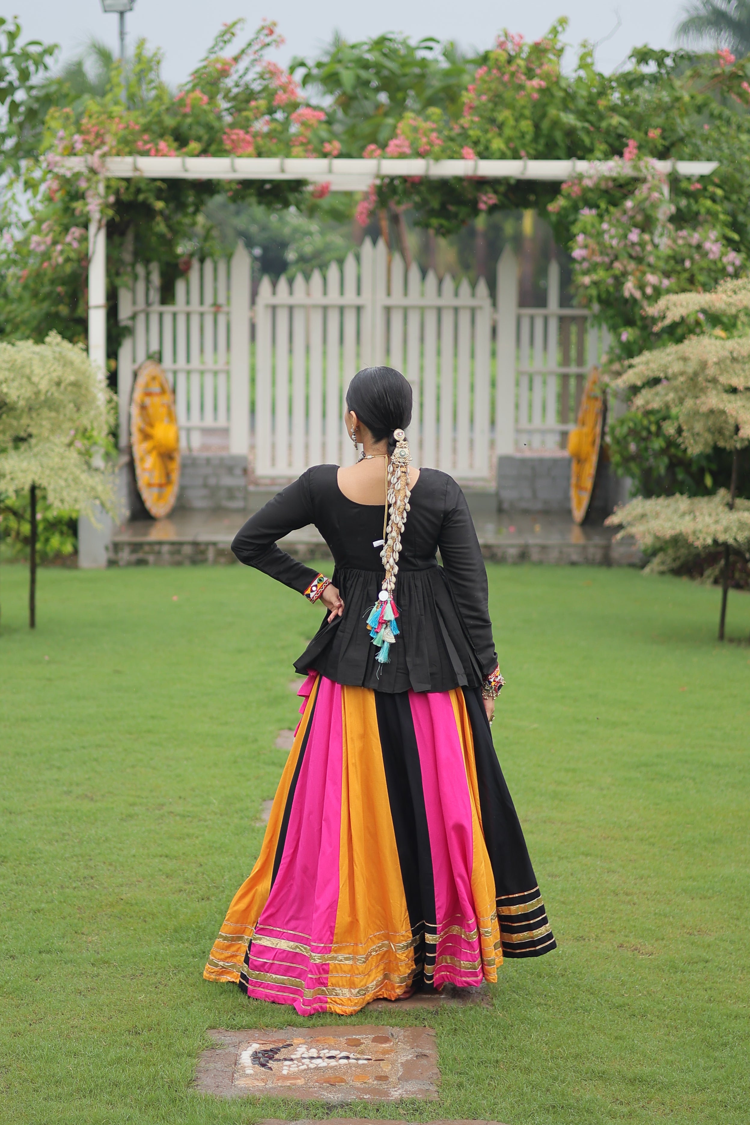 Black Mirror Embroidered Peplum Choli with Multicolor Kutchi Work