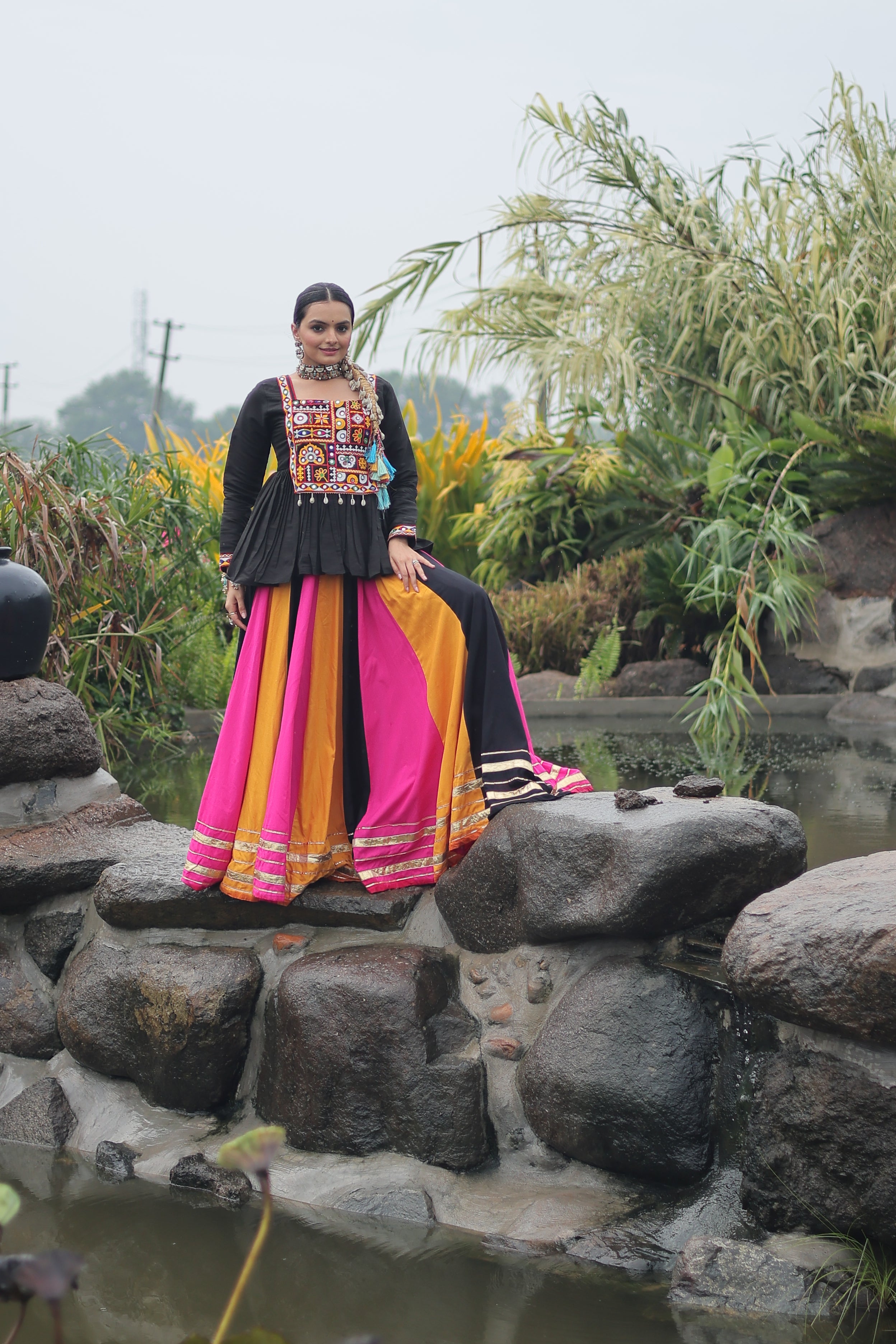 Black Mirror Embroidered Peplum Choli with Multicolor Kutchi Work