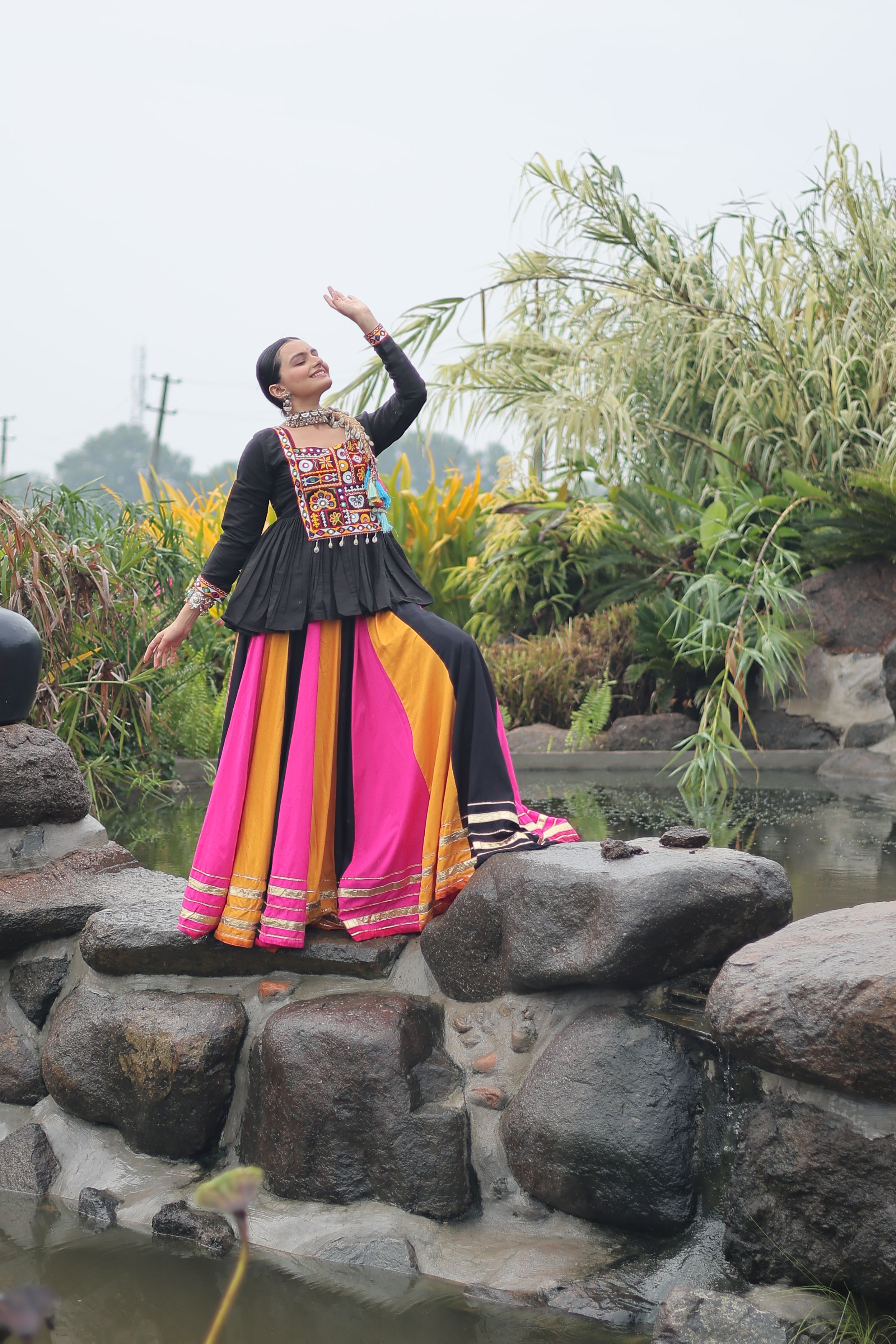 Black Mirror Embroidered Peplum Choli with Multicolor Kutchi Work