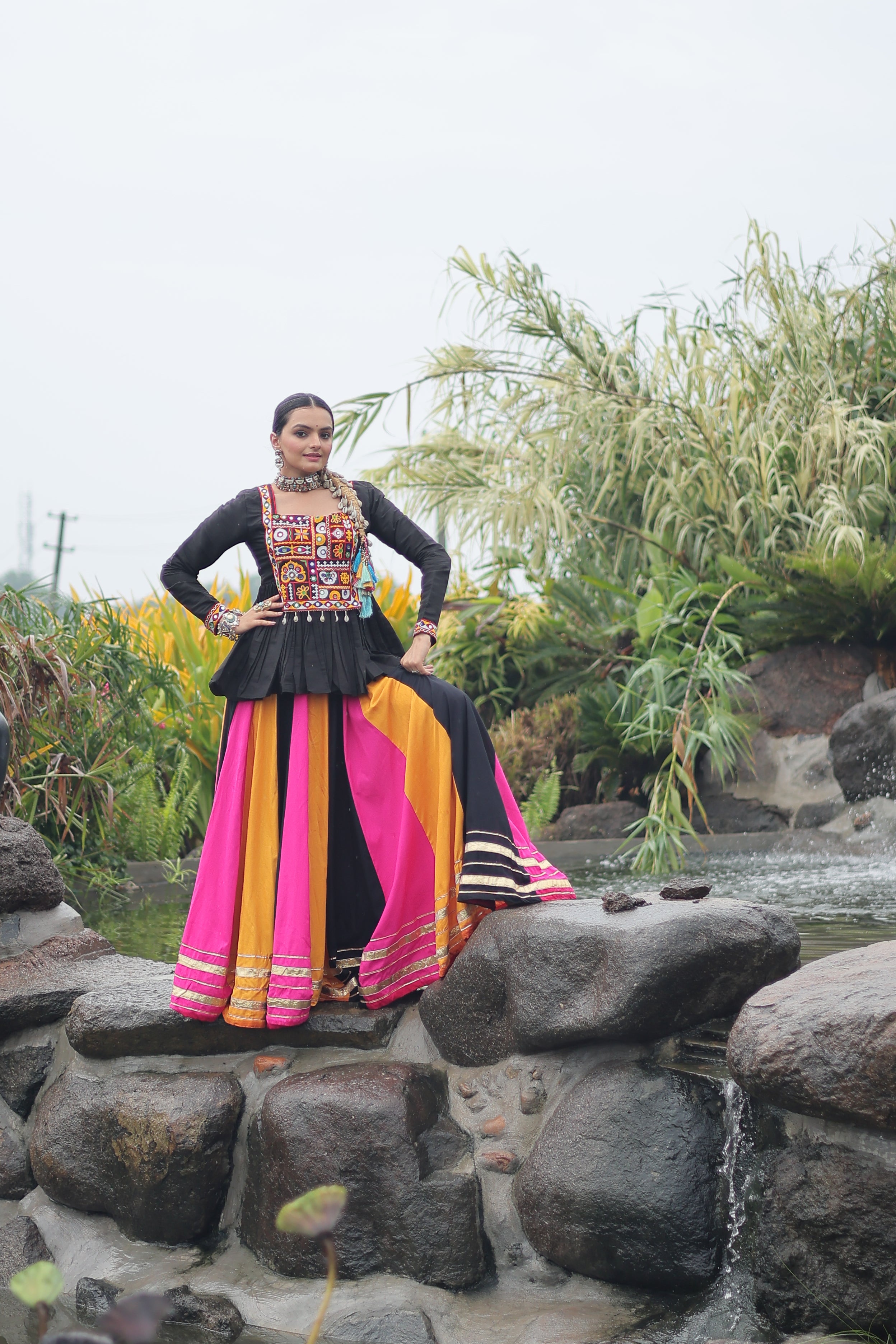 Black Mirror Embroidered Peplum Choli with Multicolor Kutchi Work