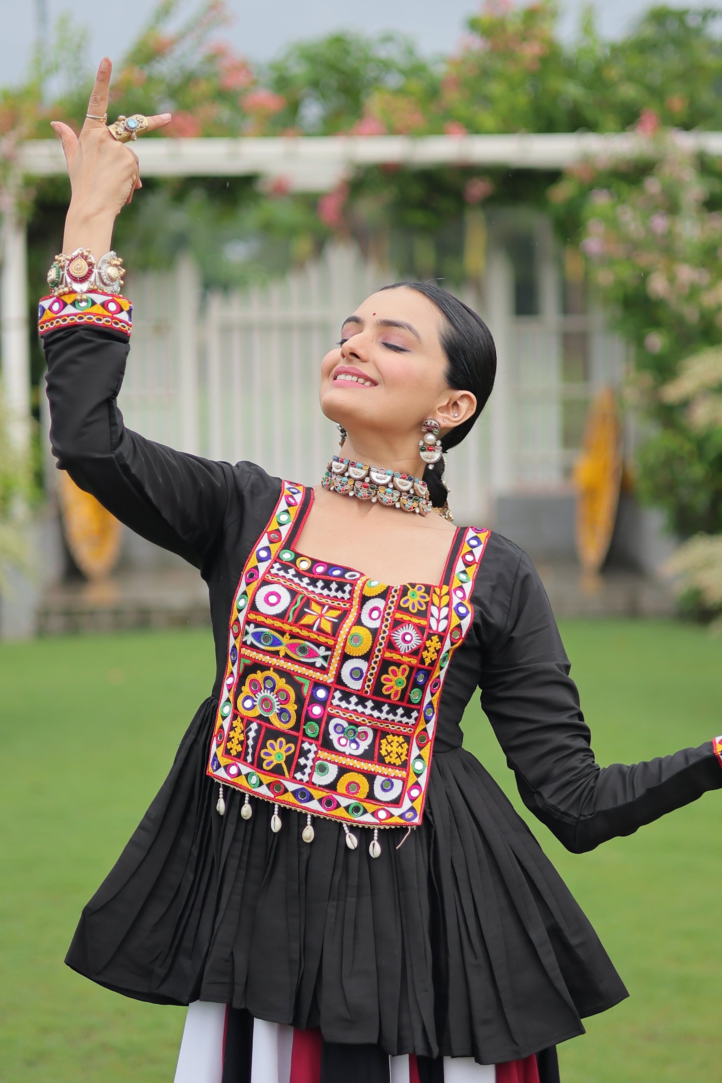 Black Mirror Embroidered Peplum Choli with Multicolor Kutchi Work