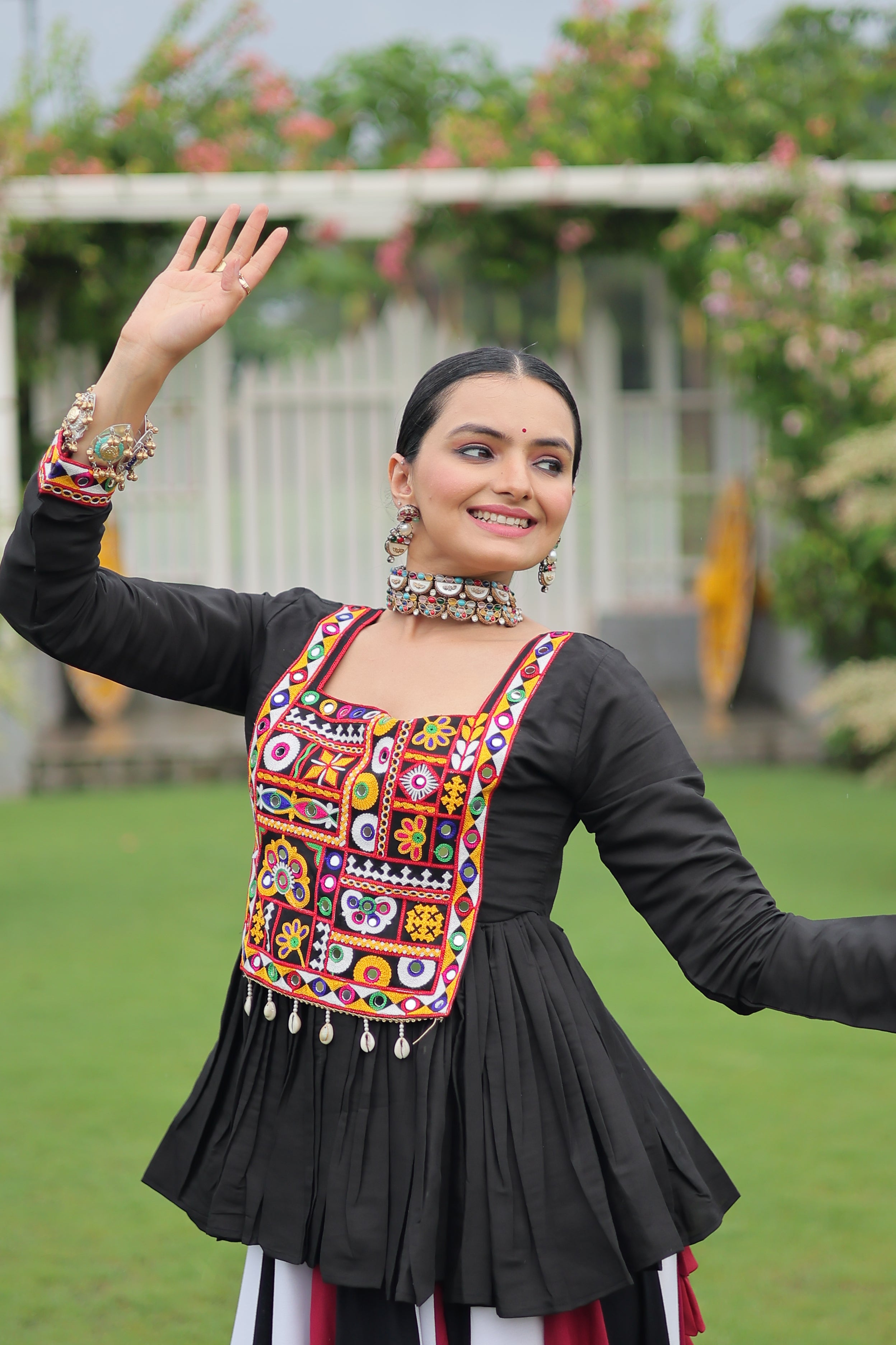 Black Mirror Embroidered Peplum Choli with Multicolor Kutchi Work