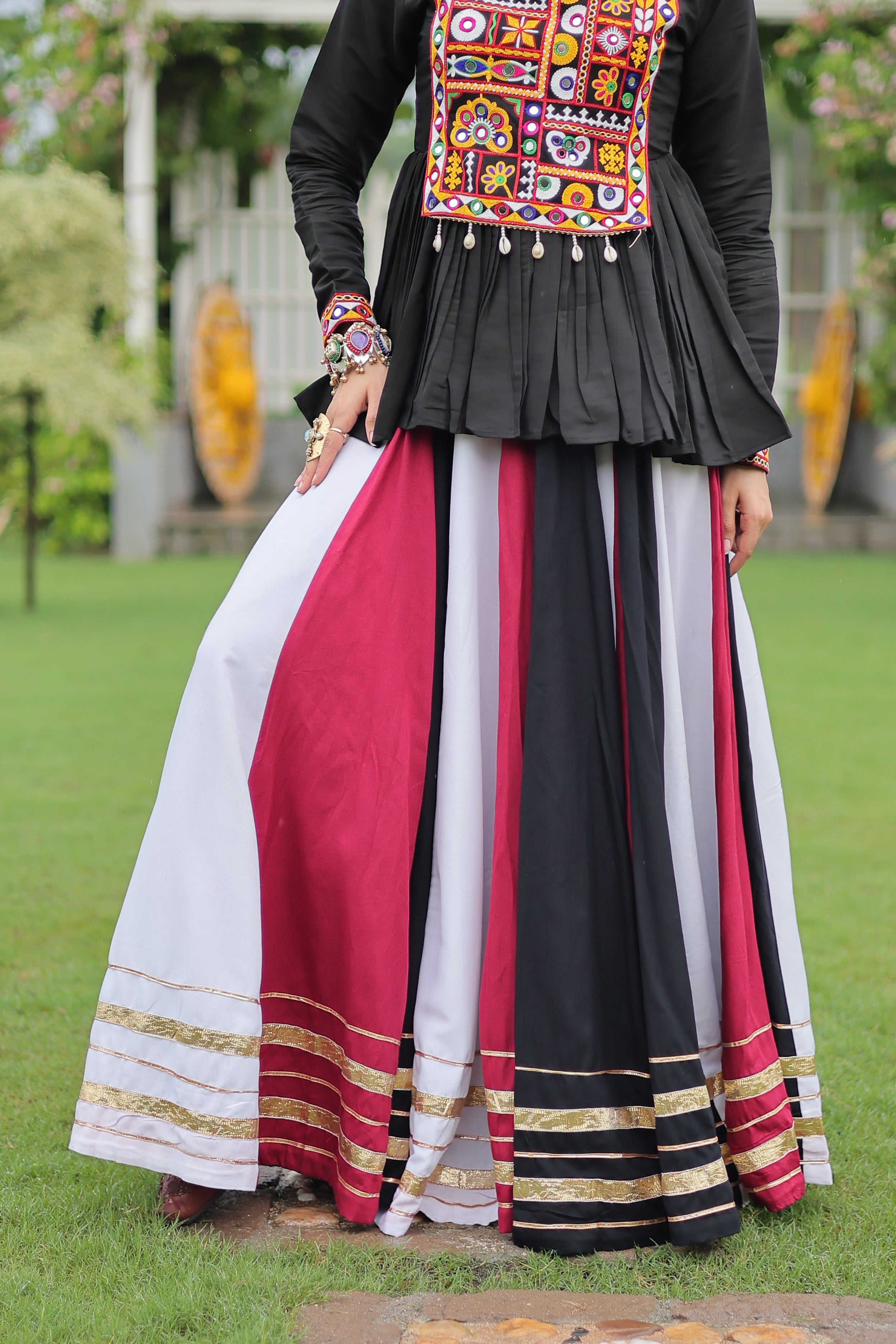 Black Mirror Embroidered Peplum Choli with Multicolor Kutchi Work