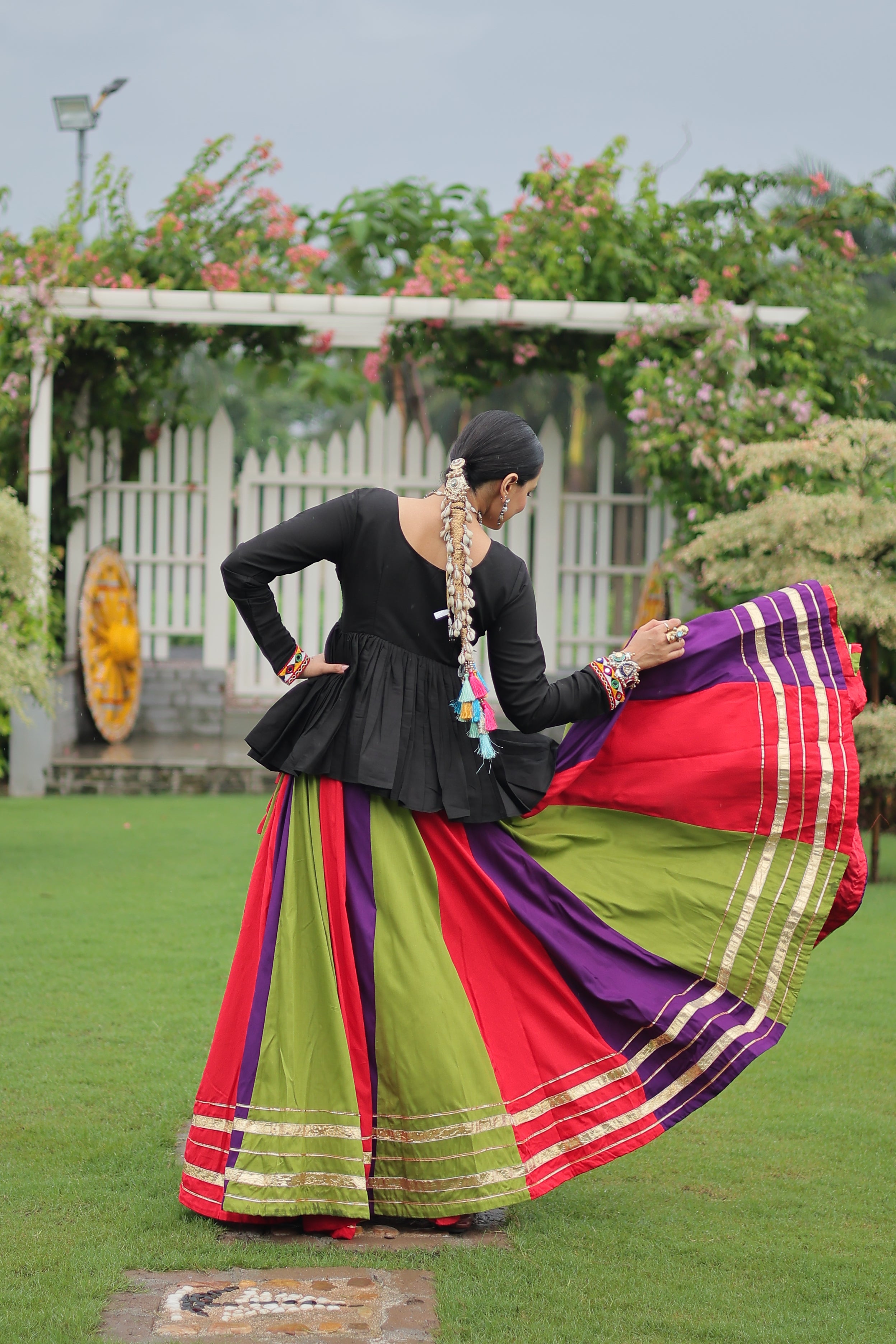 Black Mirror Embroidered Peplum Choli with Multicolor Kutchi Work