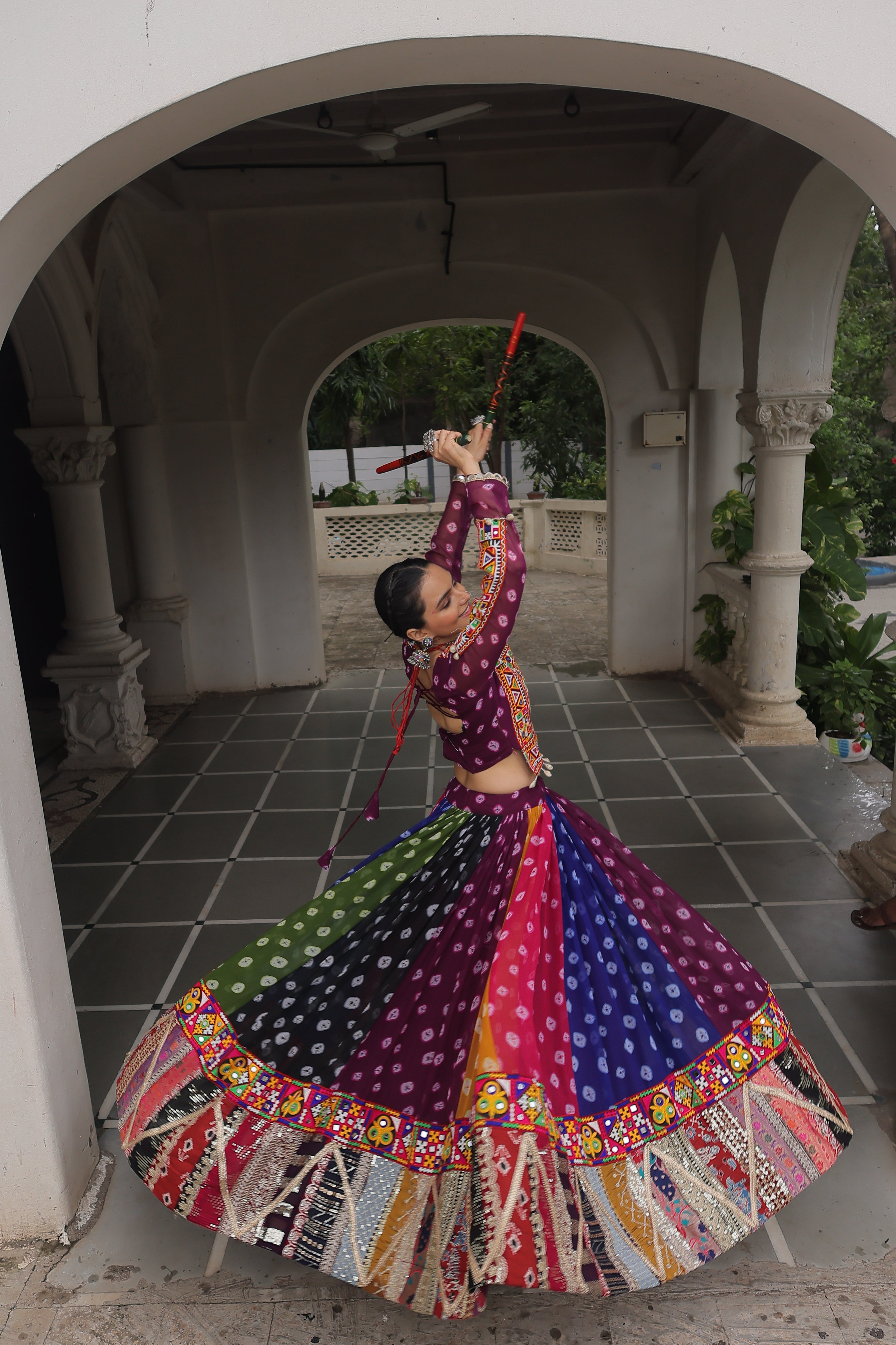 Raangilo Bandhani Mirrorwork Navratna Lehenga