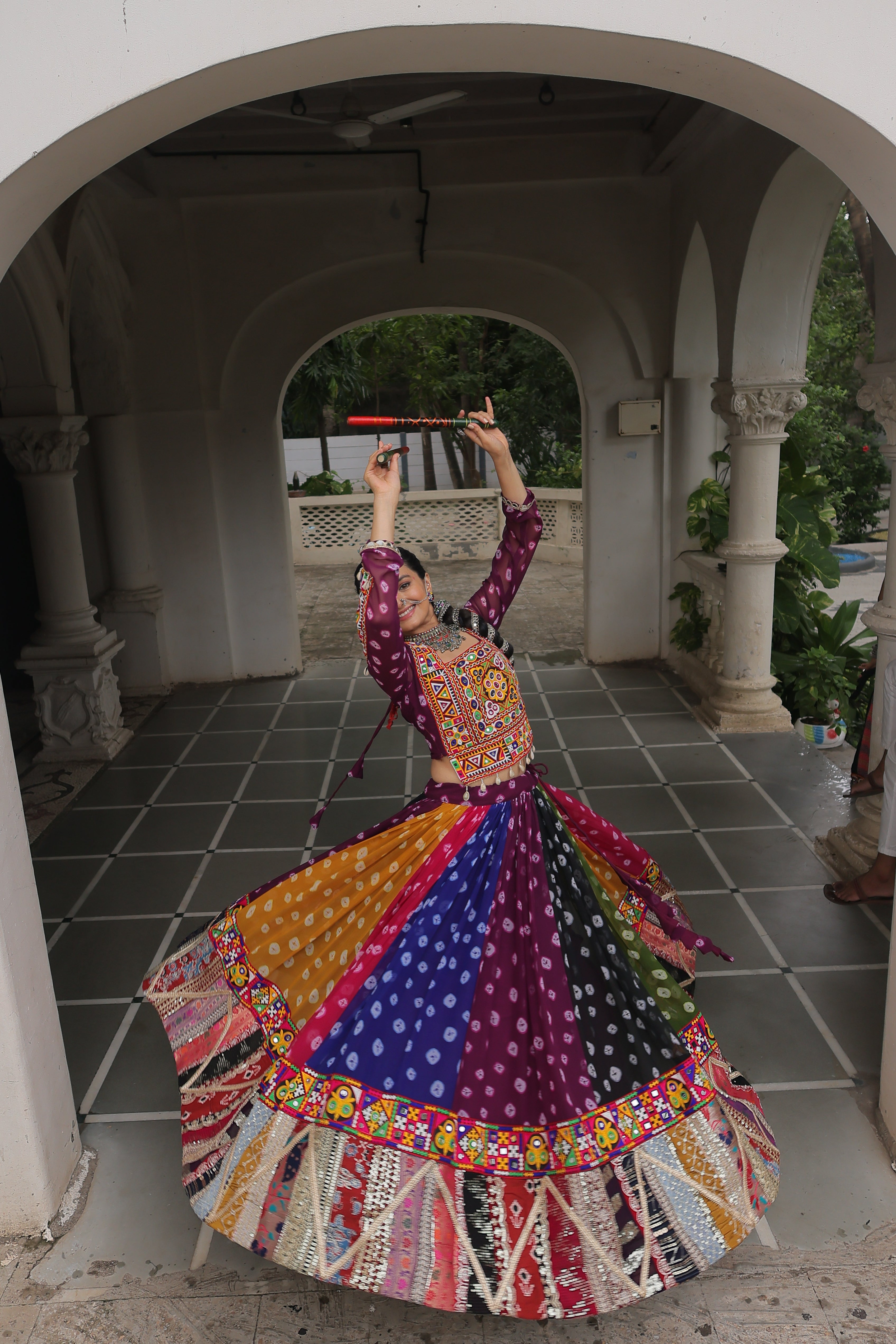 Raangilo Bandhani Mirrorwork Navratna Lehenga