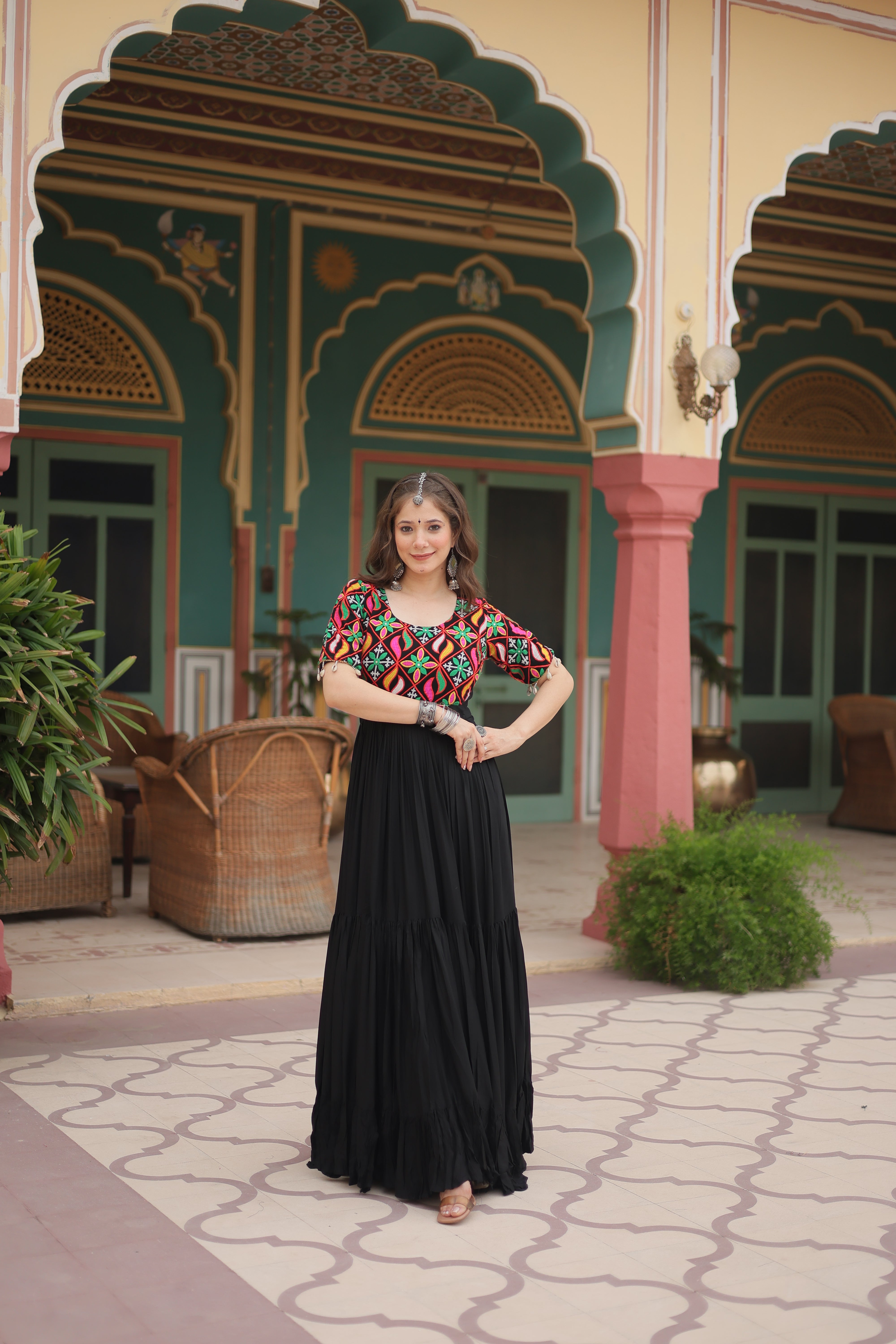 Traditional Mirror Work Long Anarkali Gown with Flowing Flared Skirt