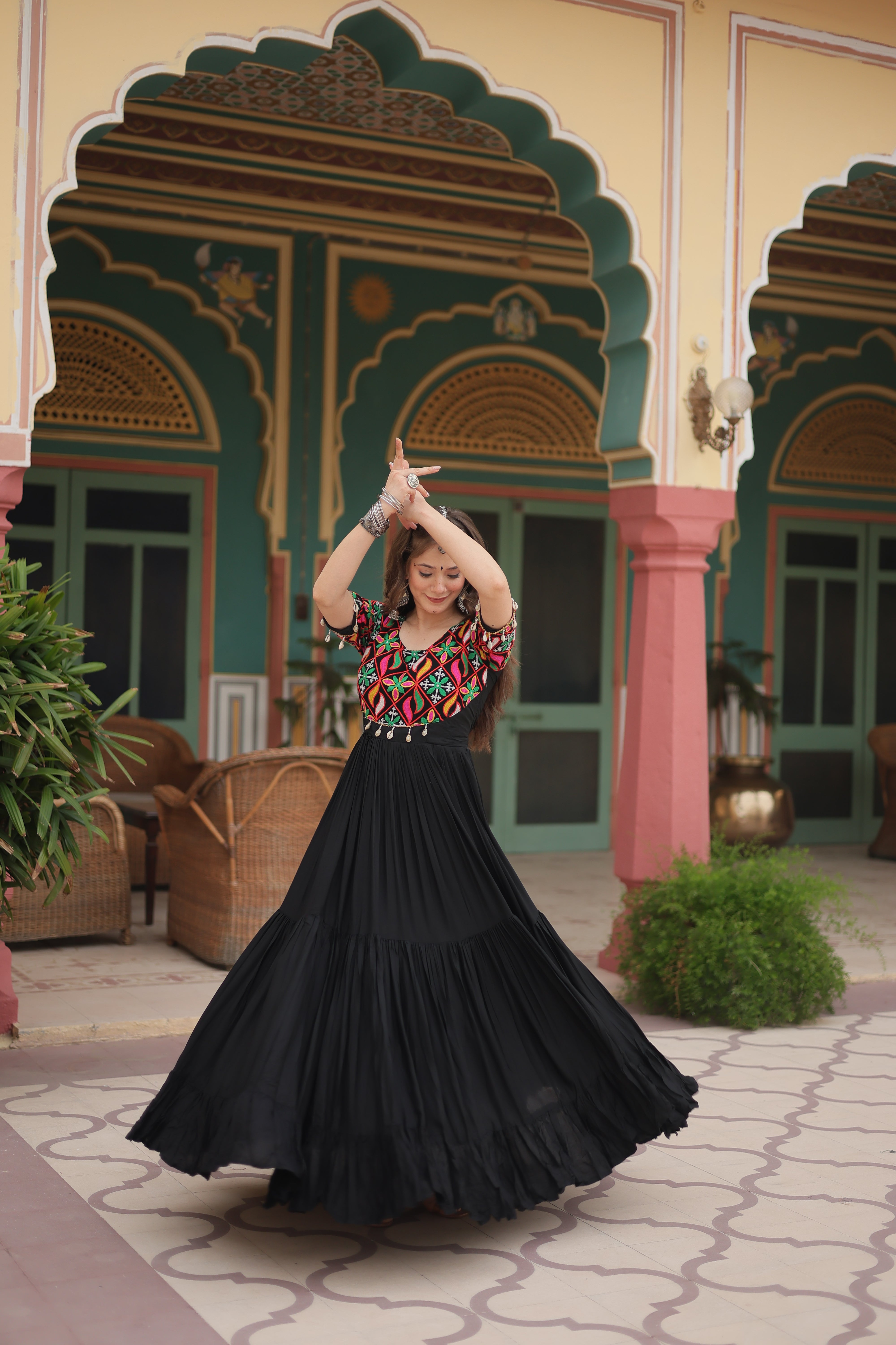 Traditional Mirror Work Long Anarkali Gown with Flowing Flared Skirt