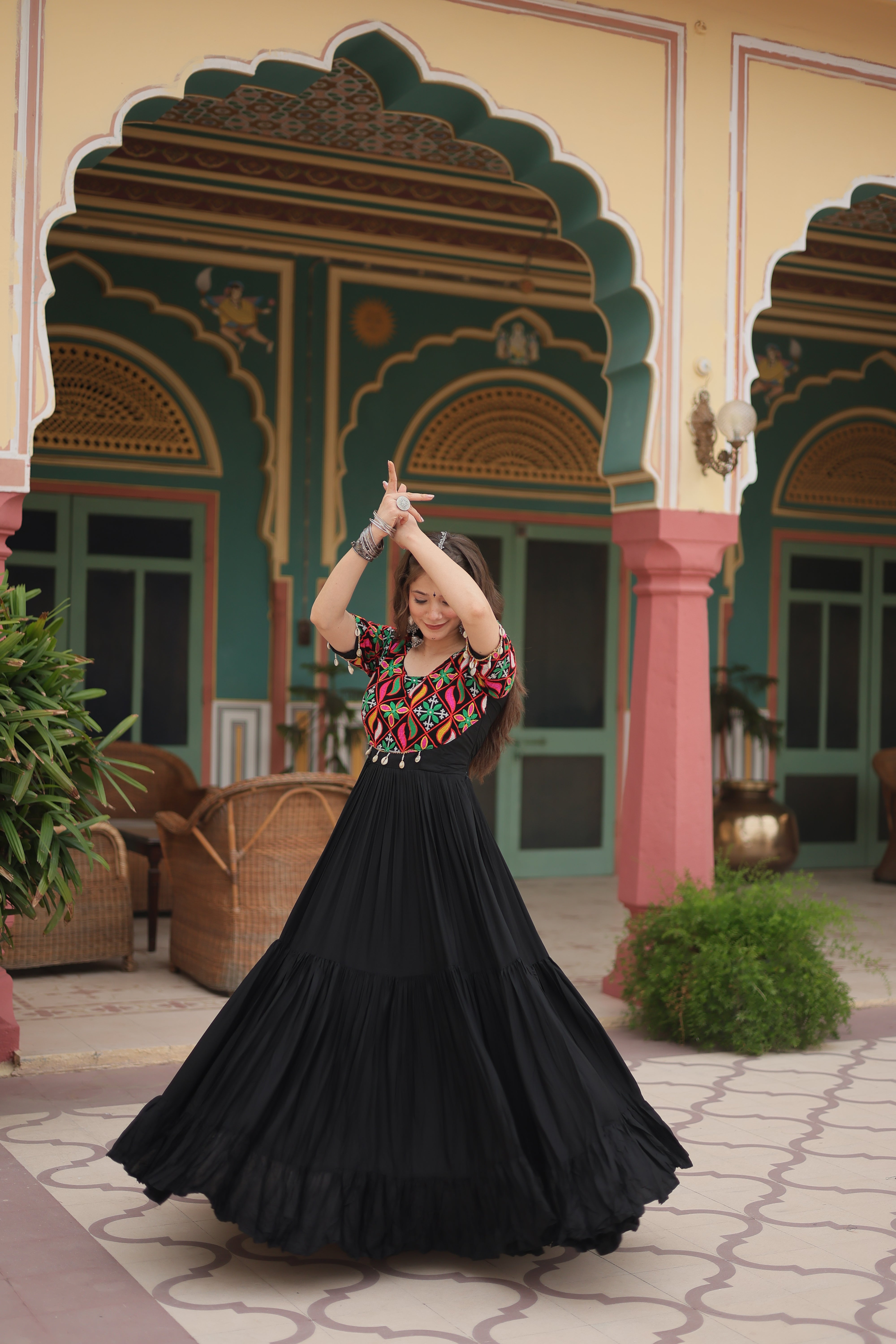 Traditional Mirror Work Long Anarkali Gown with Flowing Flared Skirt