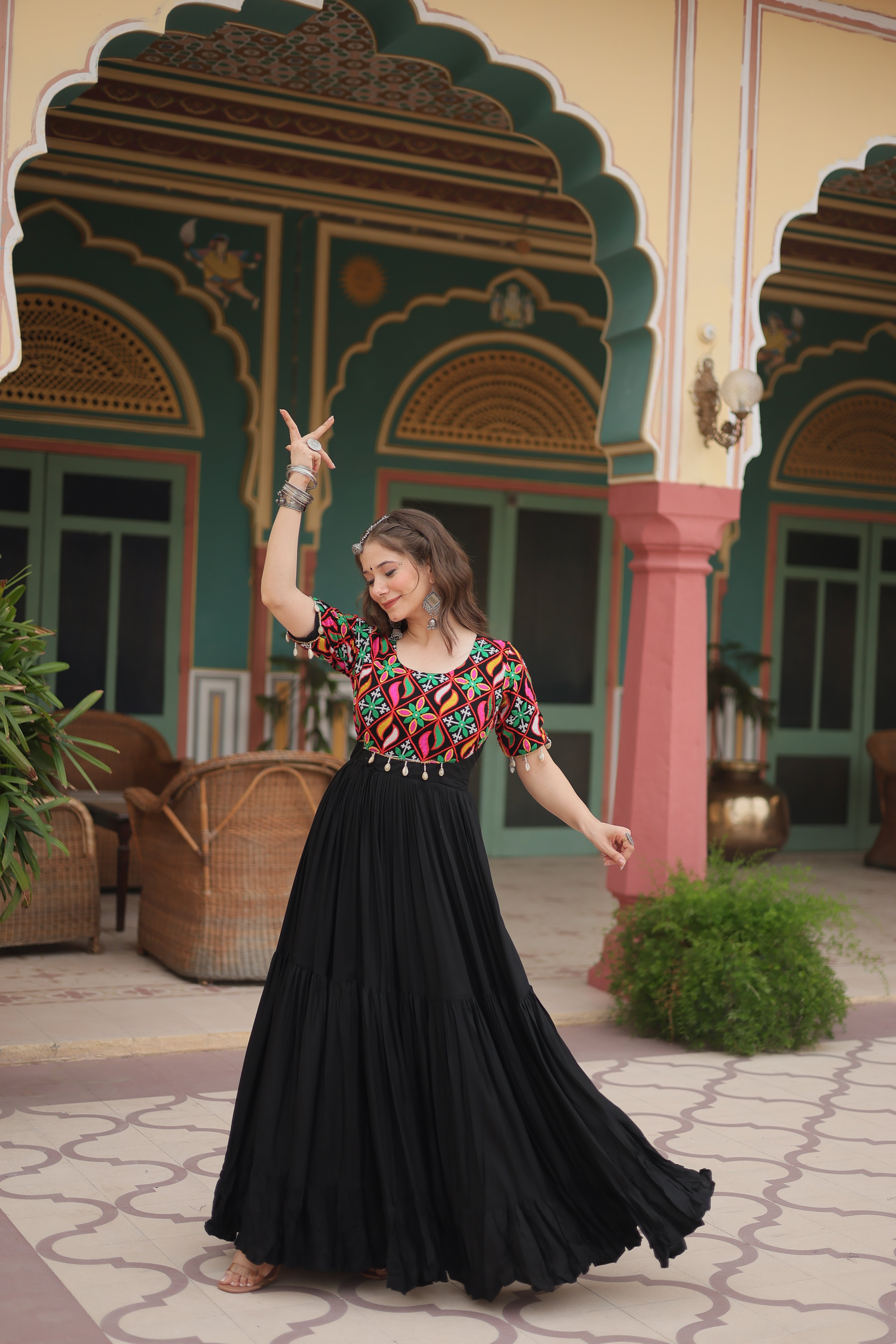 Traditional Mirror Work Long Anarkali Gown with Flowing Flared Skirt