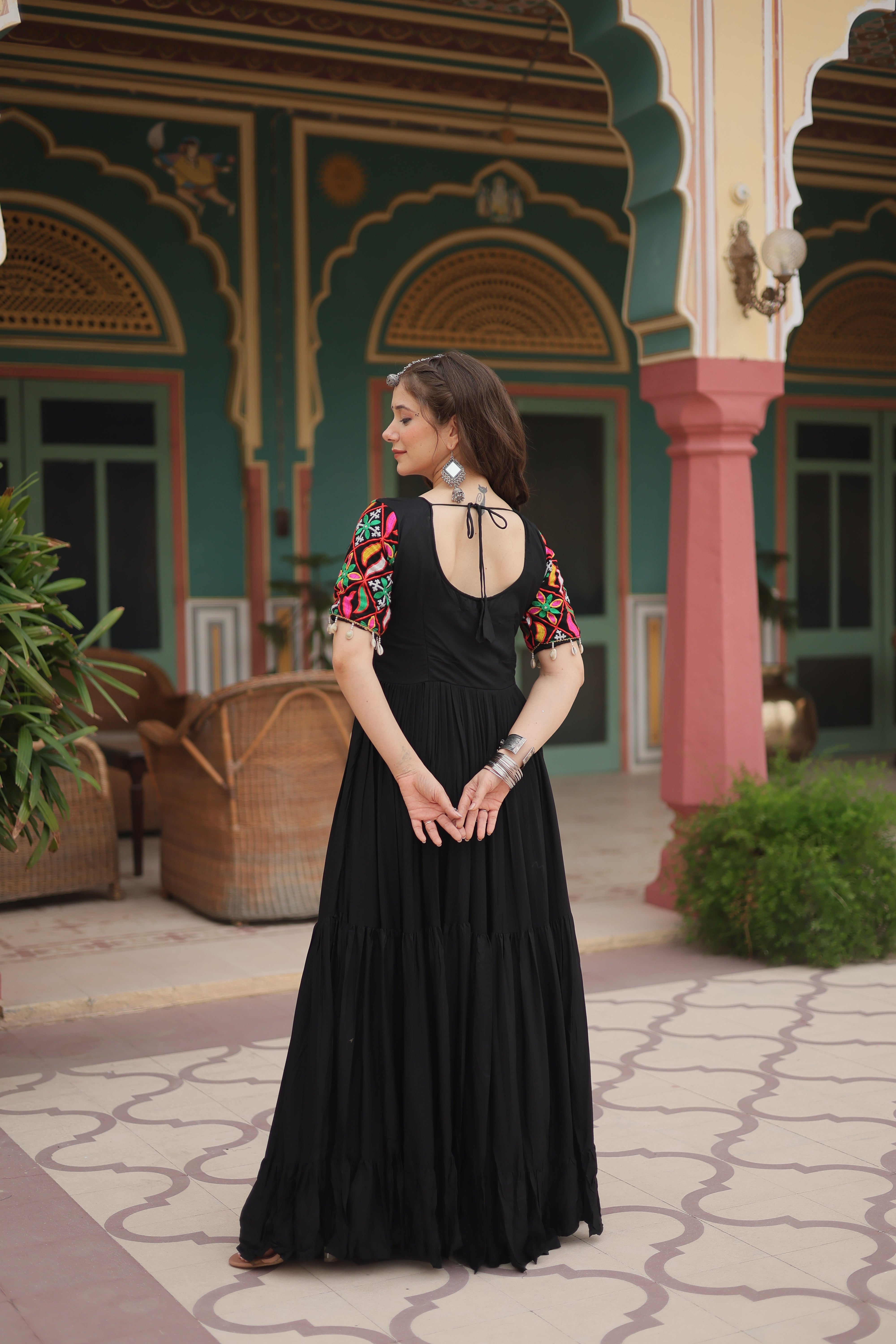 Traditional Mirror Work Long Anarkali Gown with Flowing Flared Skirt