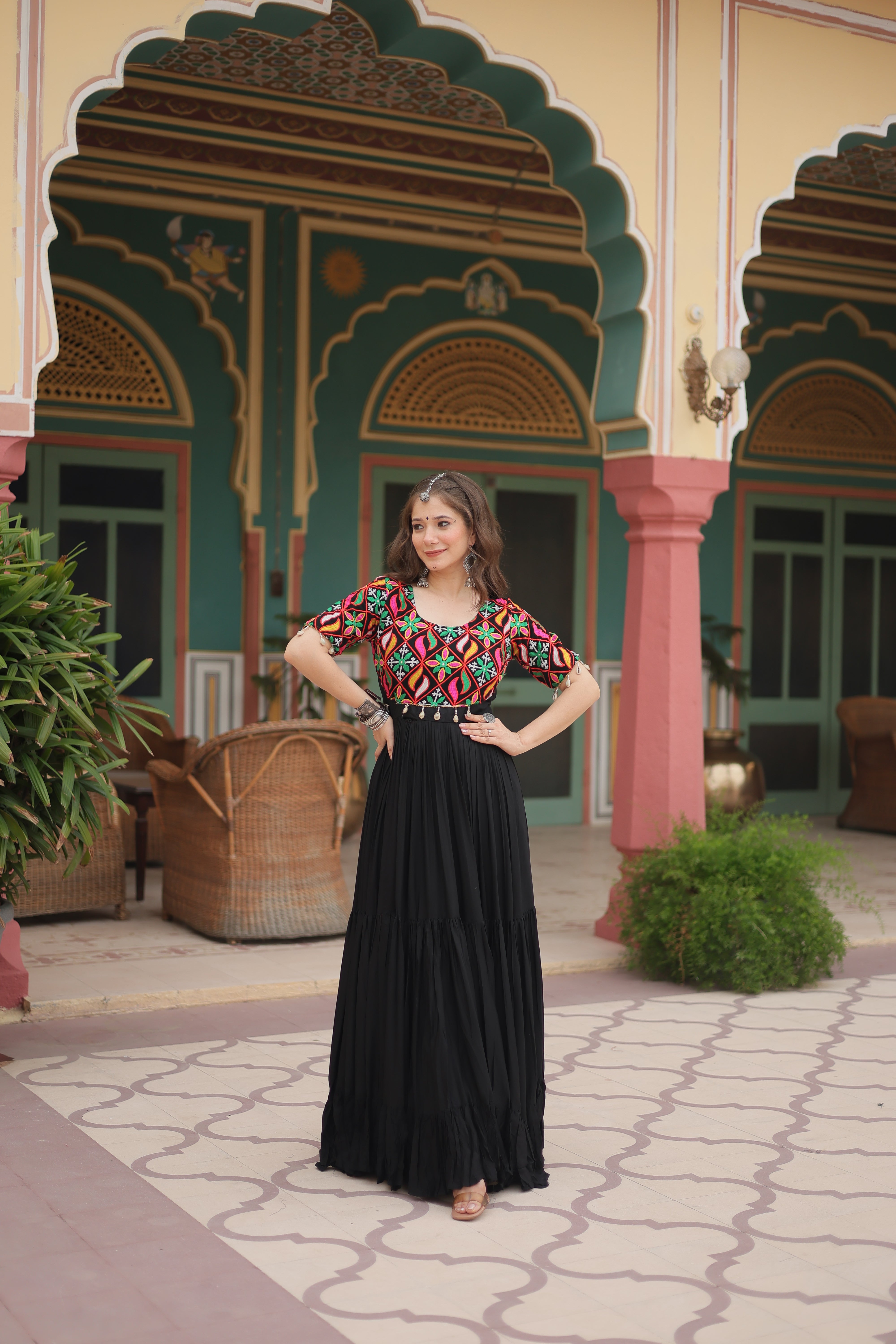 Traditional Mirror Work Long Anarkali Gown with Flowing Flared Skirt