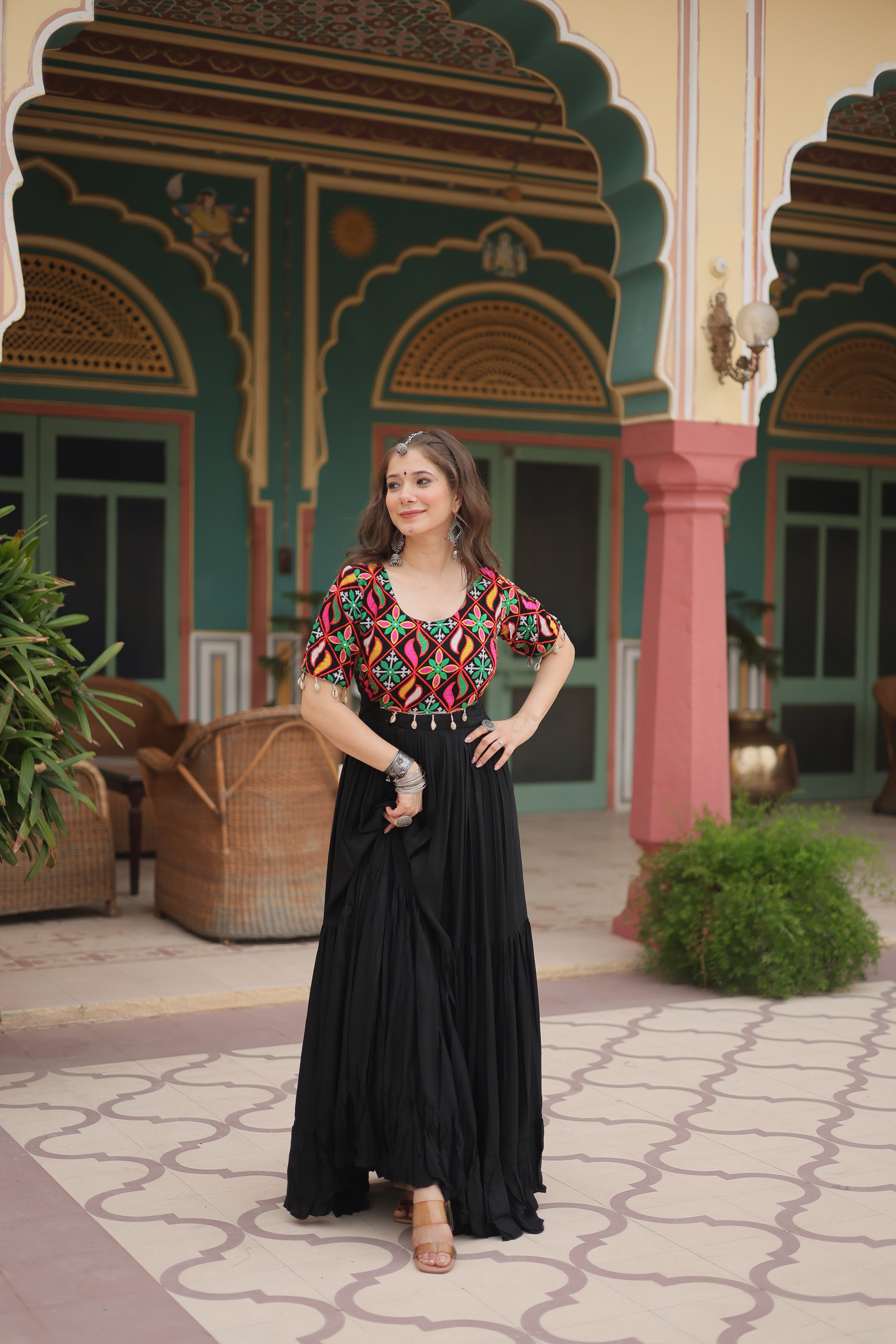 Traditional Mirror Work Long Anarkali Gown with Flowing Flared Skirt