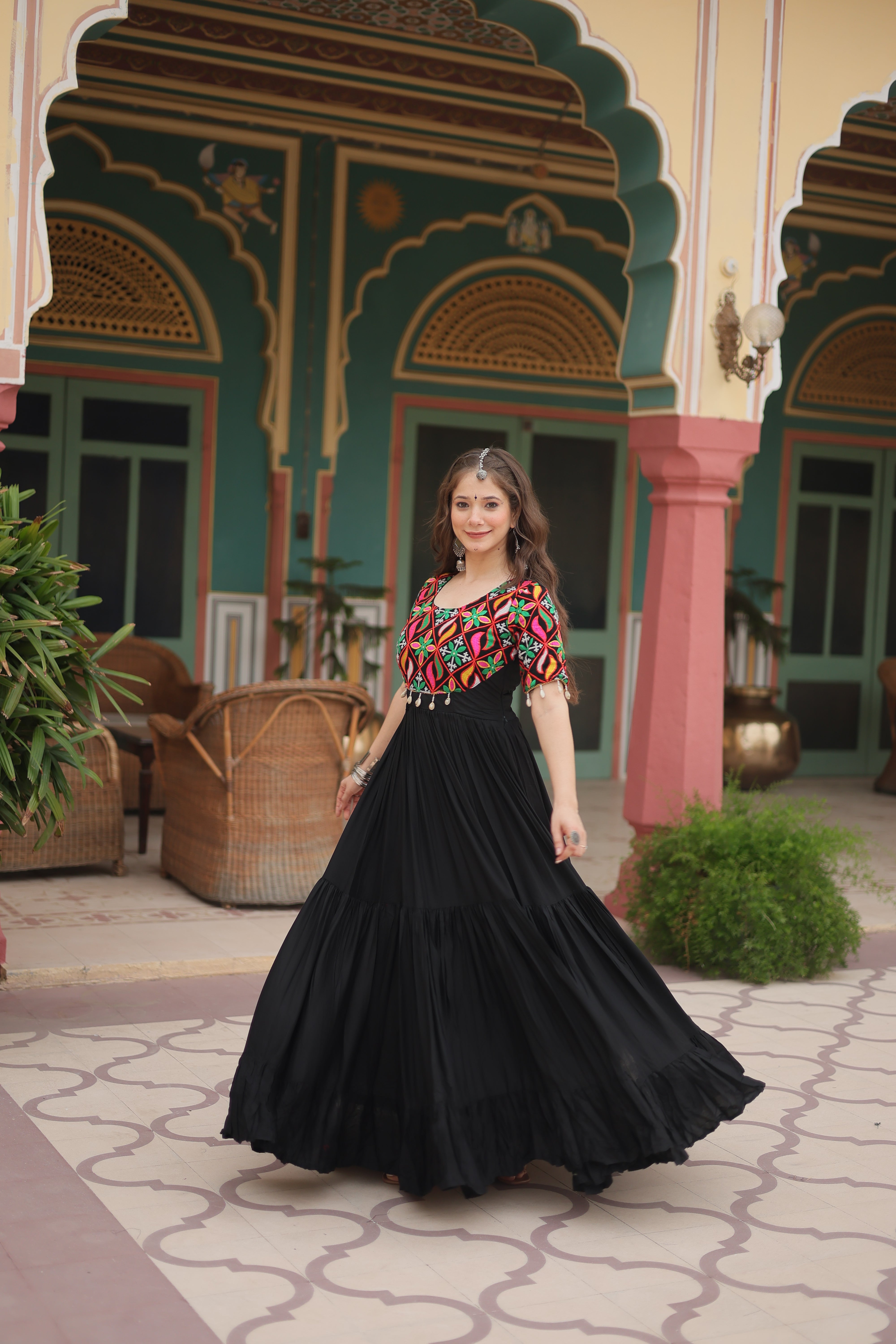 Traditional Mirror Work Long Anarkali Gown with Flowing Flared Skirt