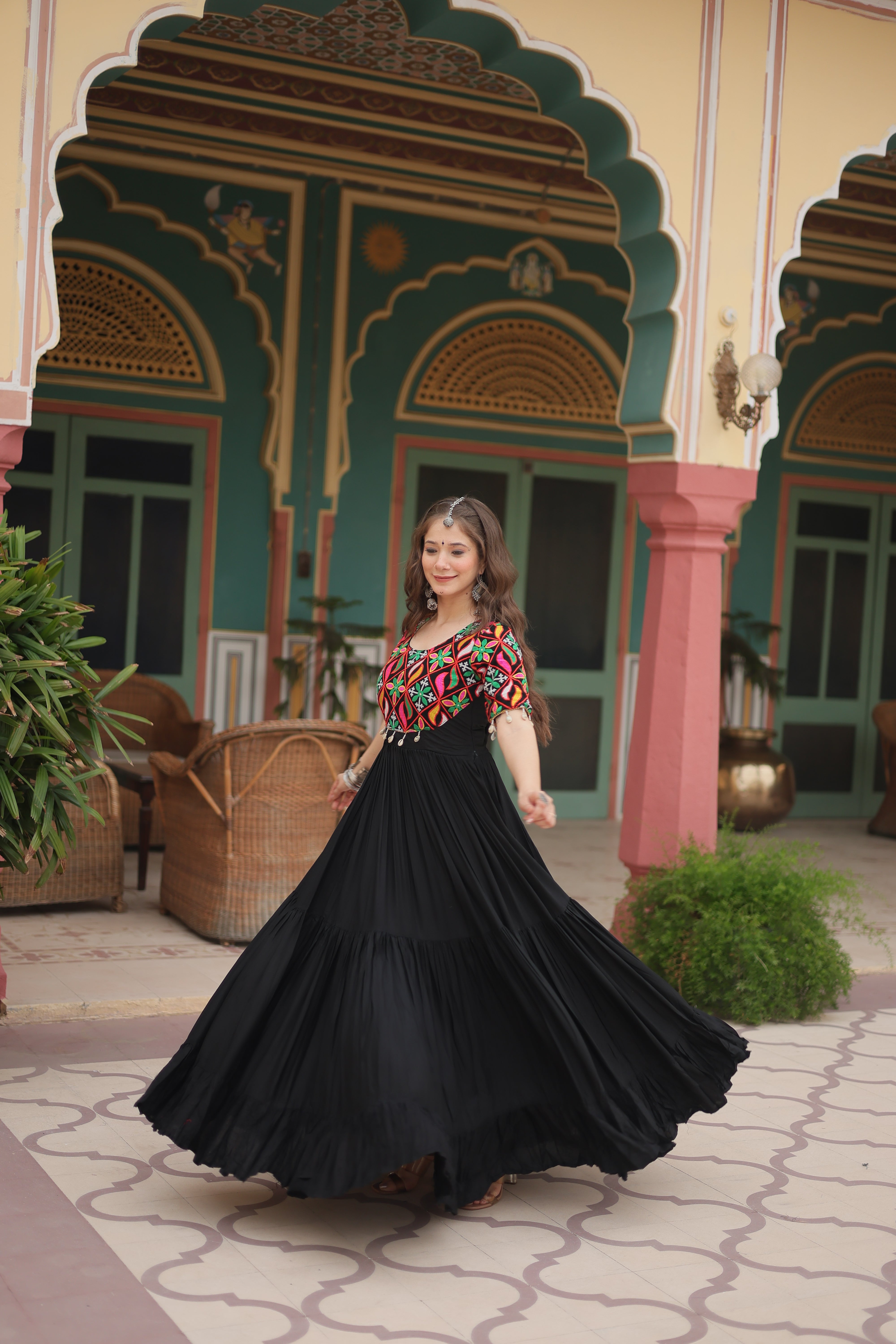 Traditional Mirror Work Long Anarkali Gown with Flowing Flared Skirt