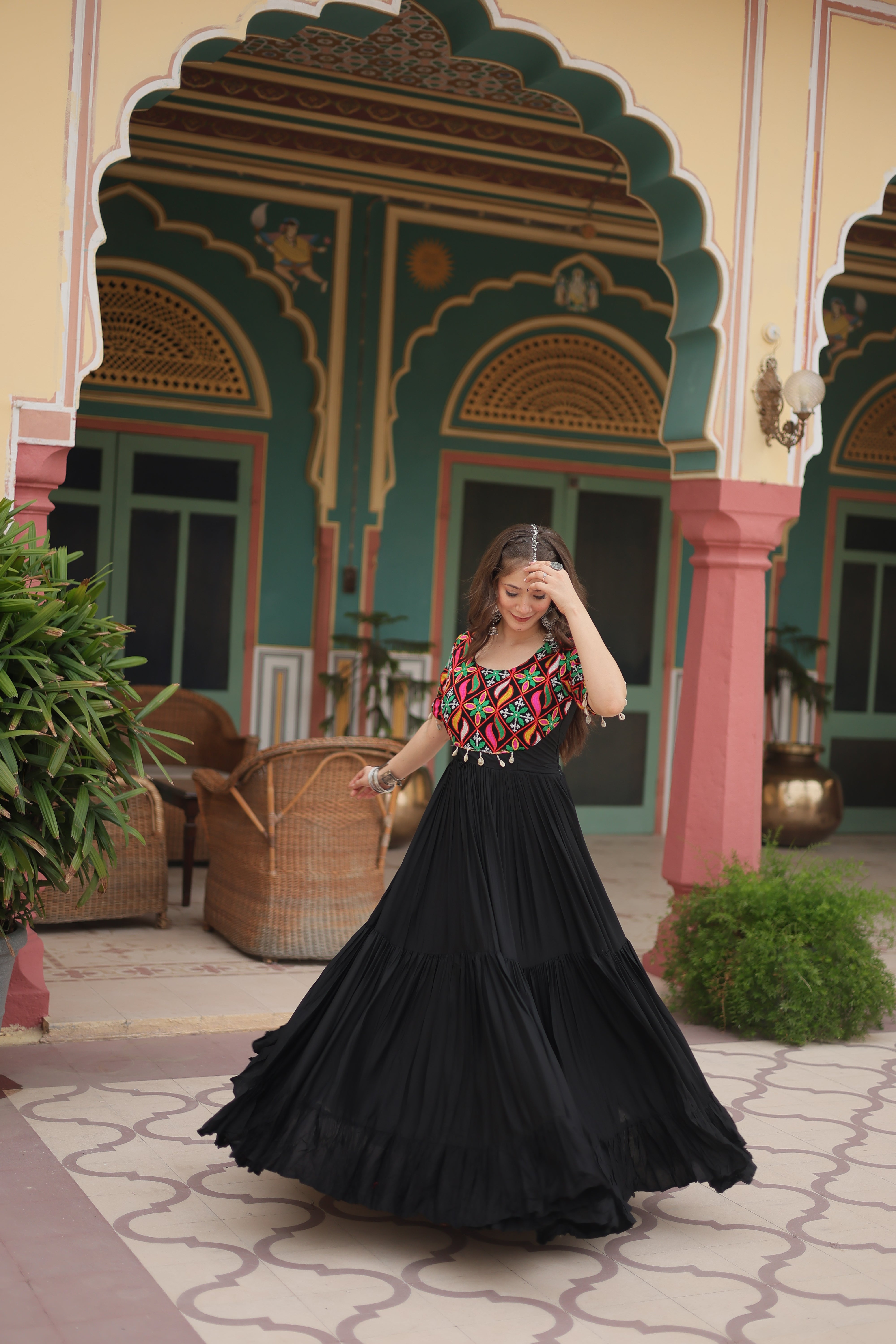 Traditional Mirror Work Long Anarkali Gown with Flowing Flared Skirt