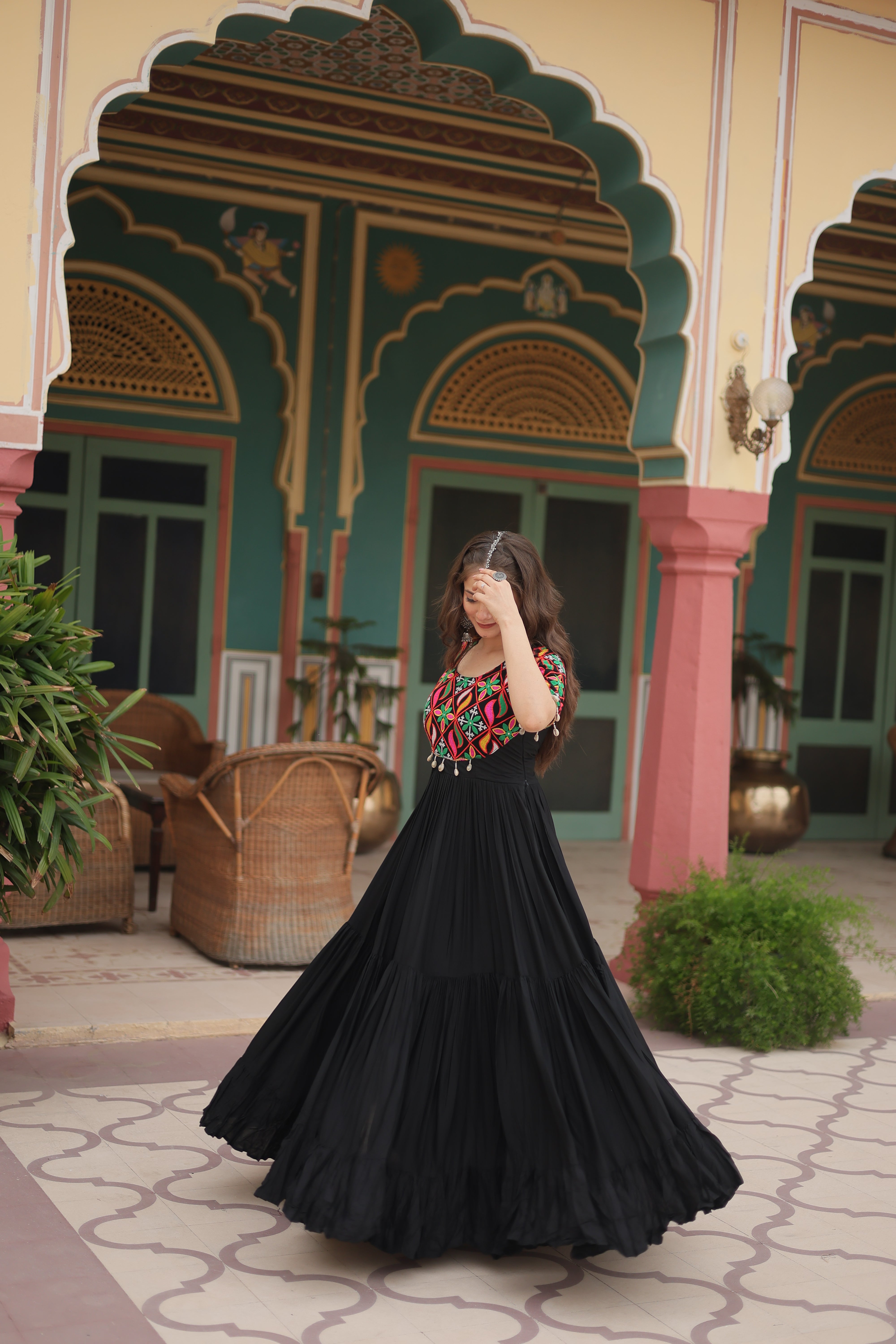 Traditional Mirror Work Long Anarkali Gown with Flowing Flared Skirt