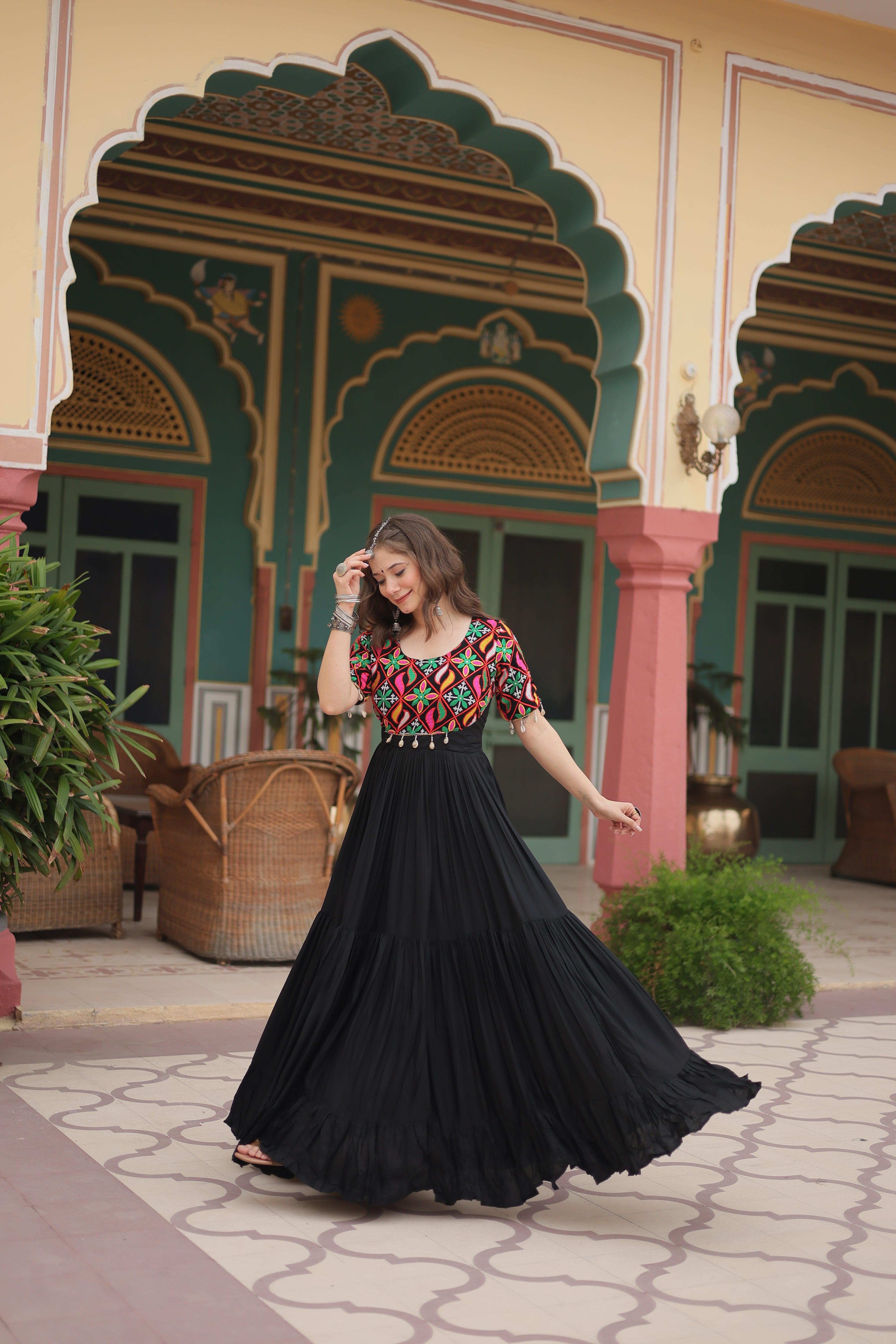 Traditional Mirror Work Long Anarkali Gown with Flowing Flared Skirt