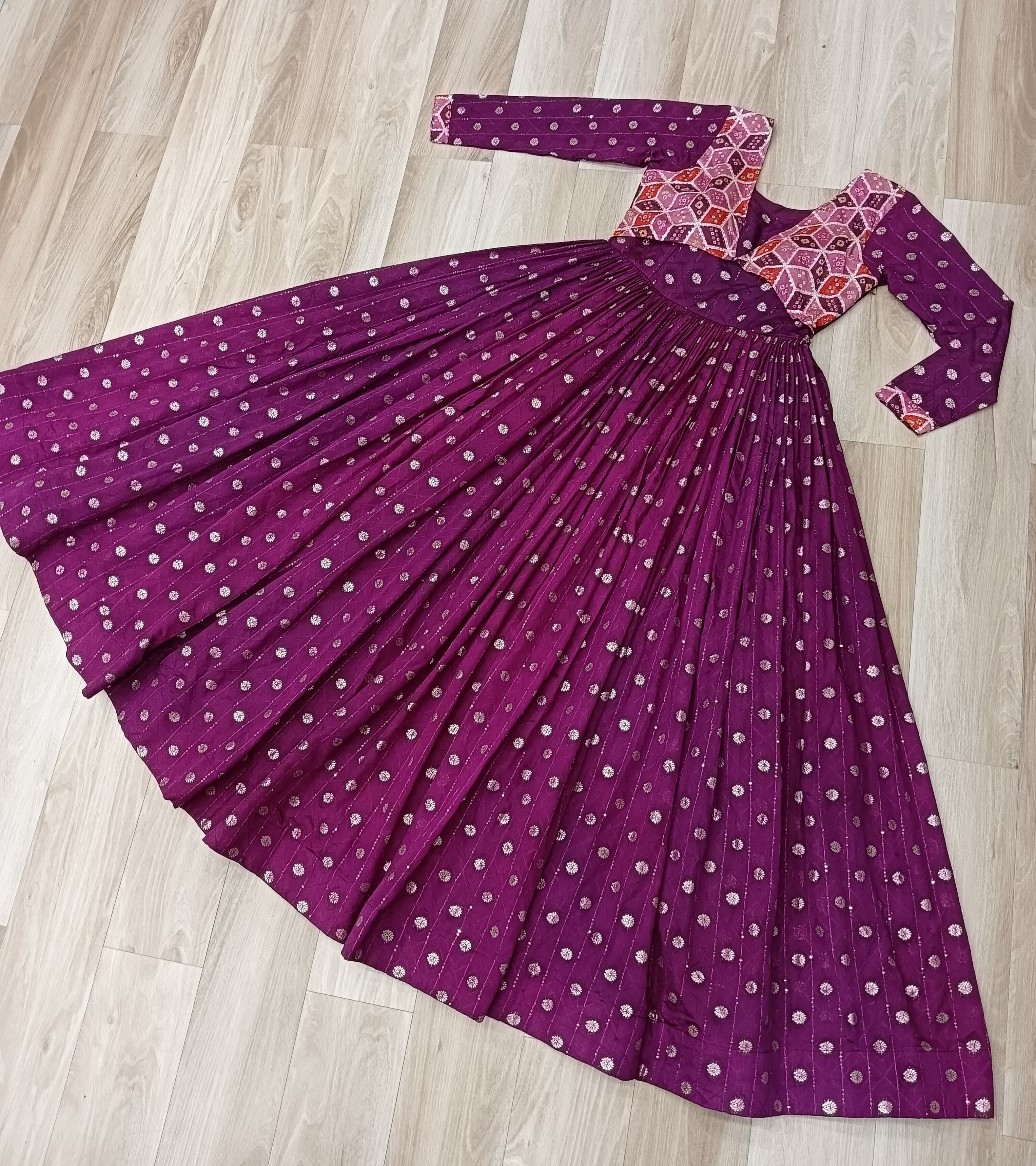 Elegant Bandhej Anarkali Gown with Embroidered Yoke