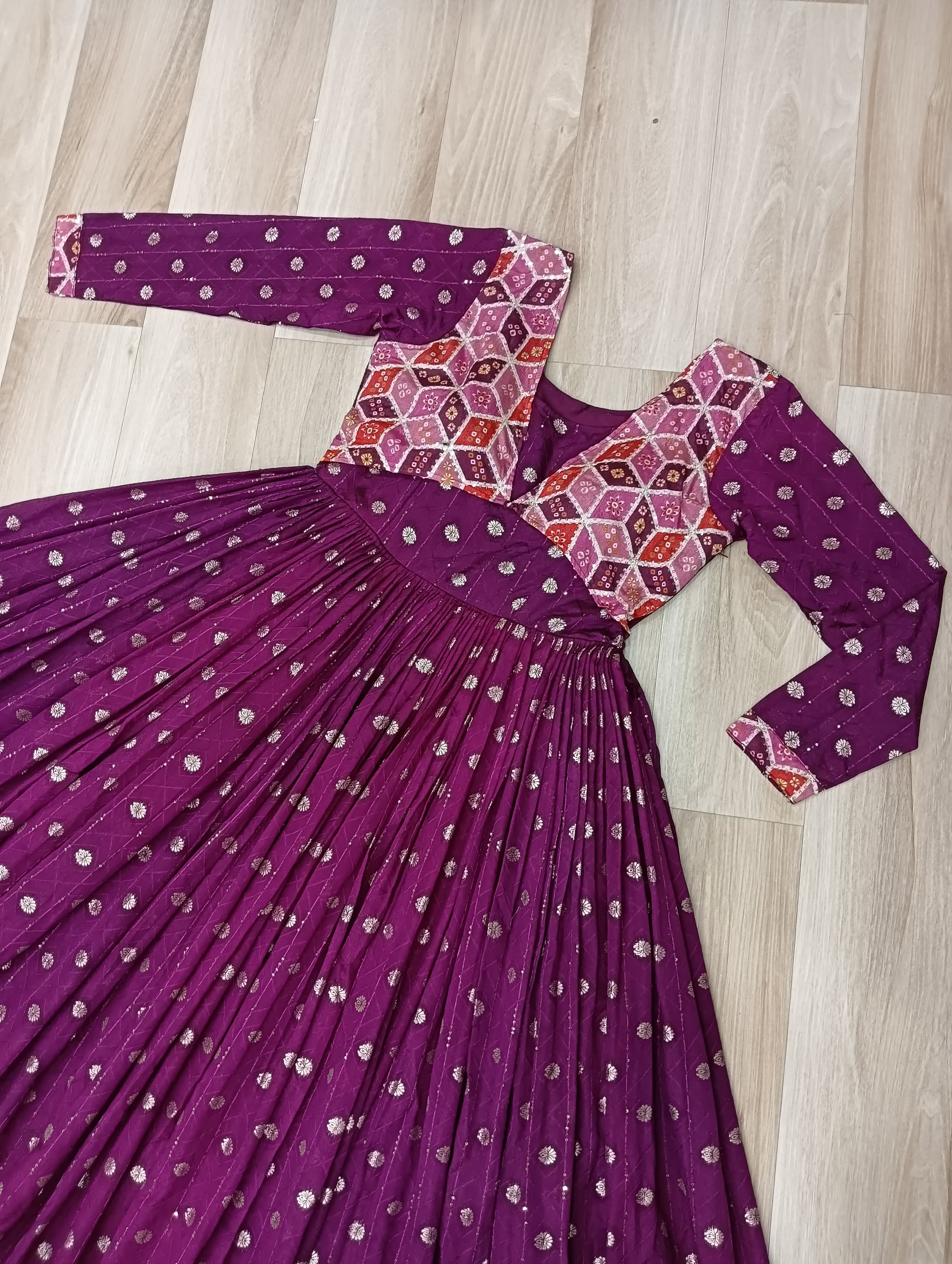Elegant Bandhej Anarkali Gown with Embroidered Yoke