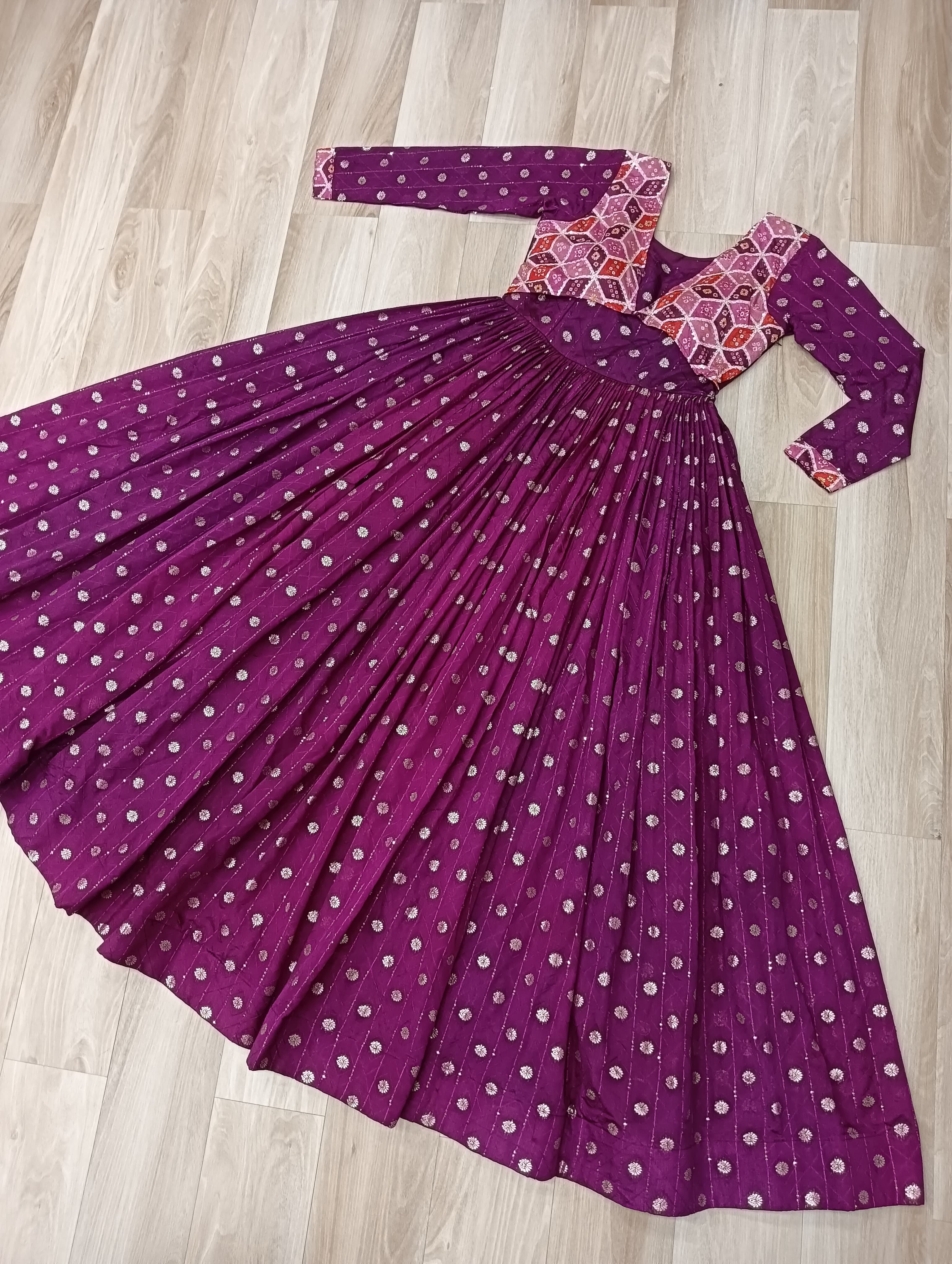 Elegant Bandhej Anarkali Gown with Embroidered Yoke
