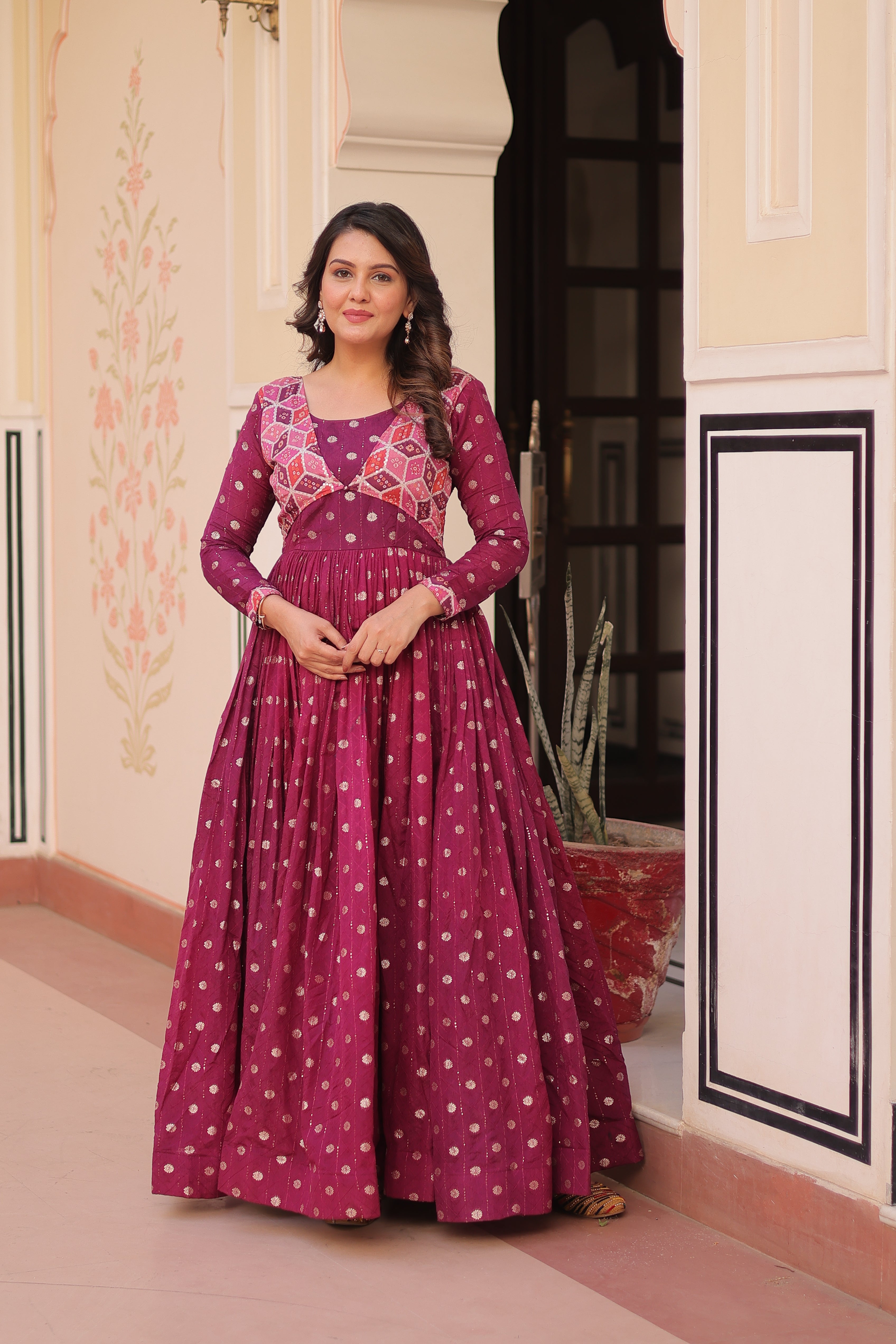 Elegant Bandhej Anarkali Gown with Embroidered Yoke