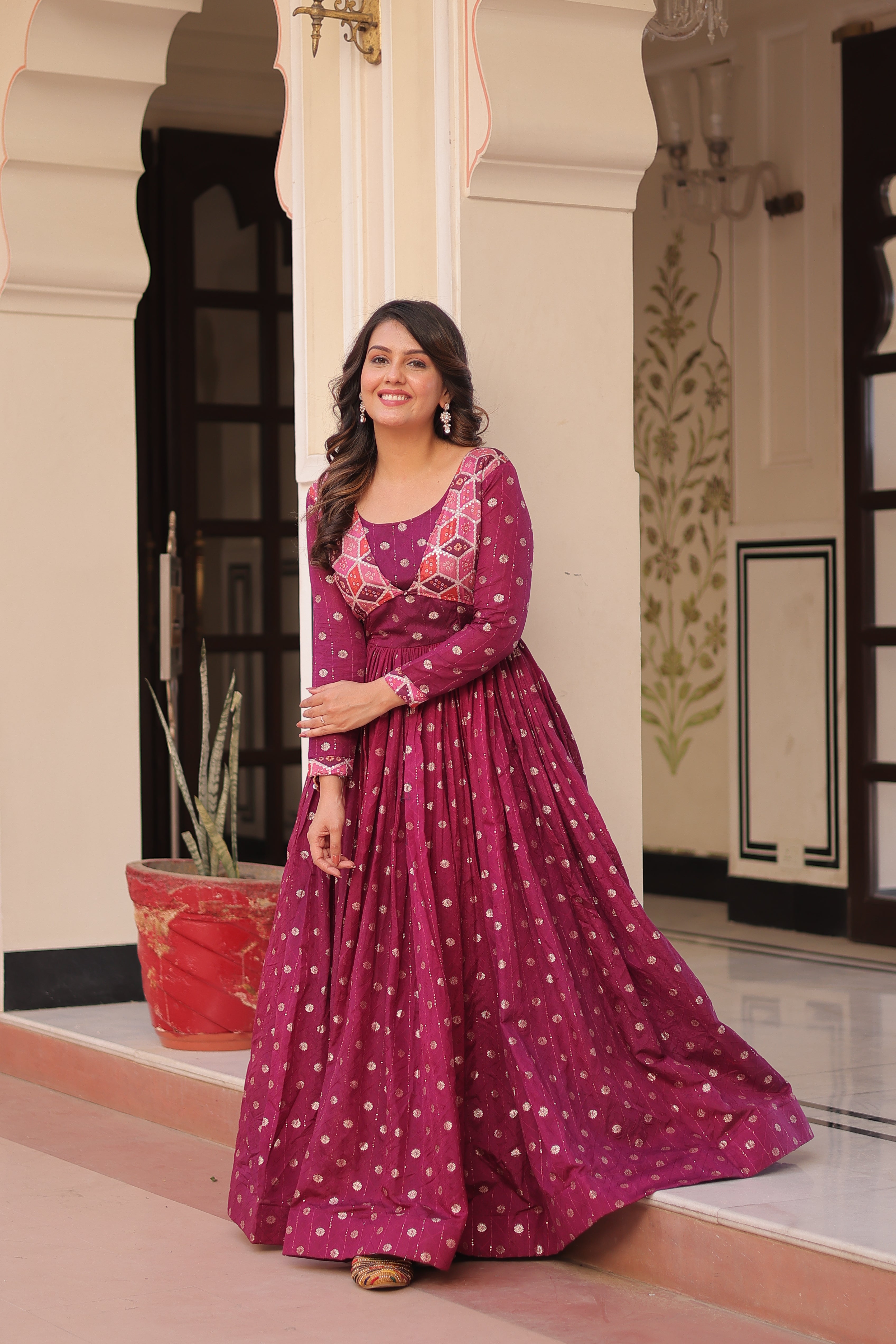 Elegant Bandhej Anarkali Gown with Embroidered Yoke