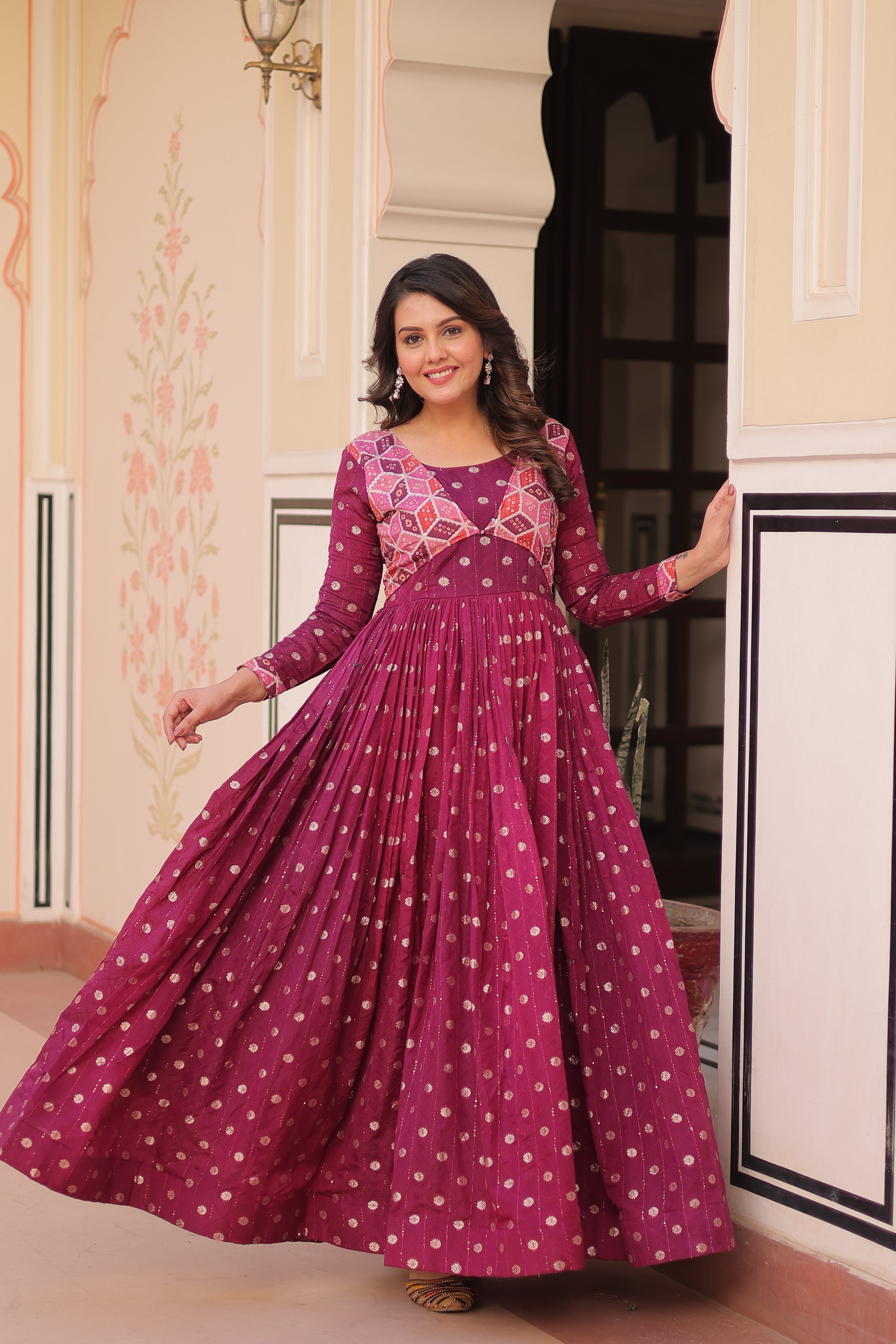 Elegant Bandhej Anarkali Gown with Embroidered Yoke