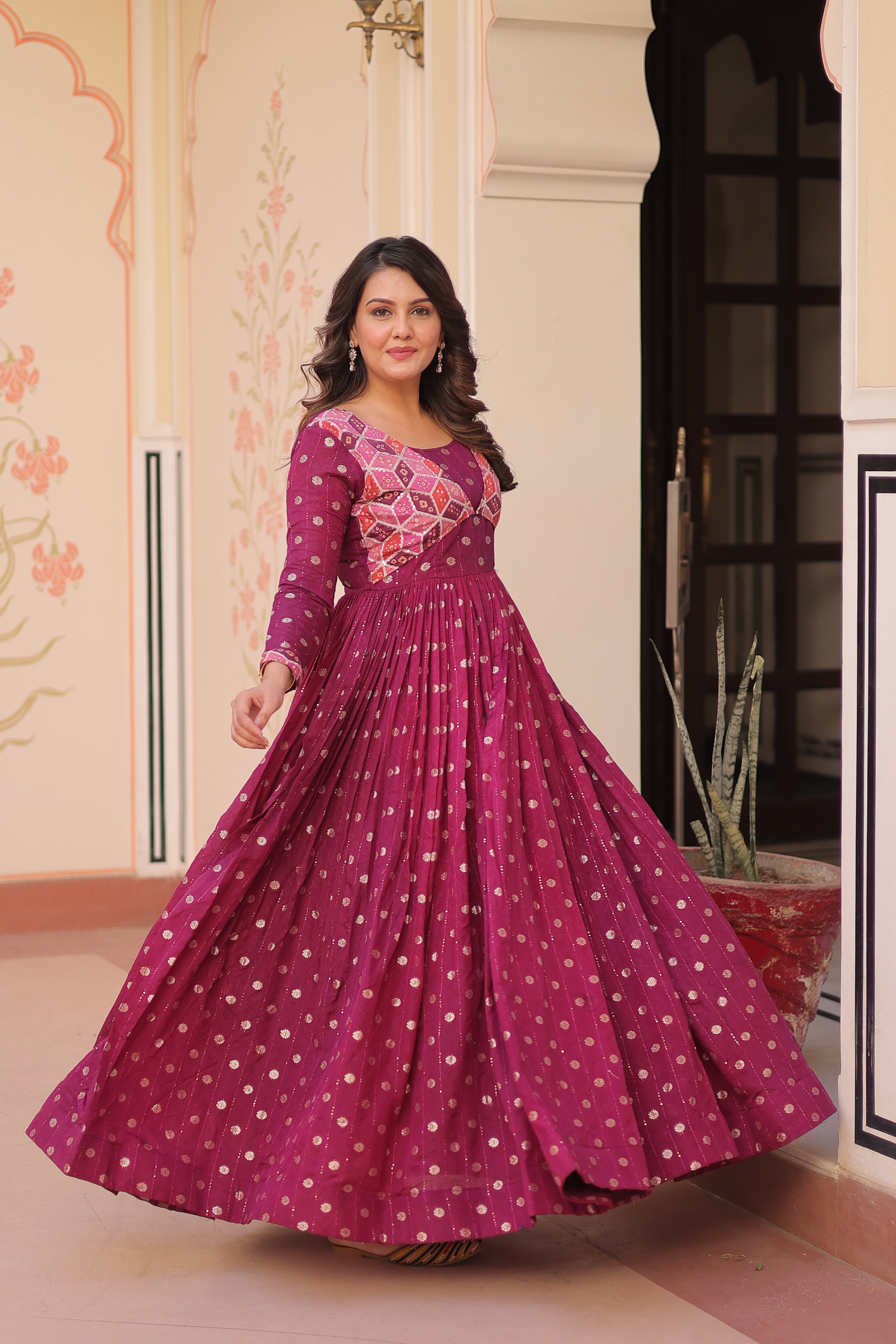Elegant Bandhej Anarkali Gown with Embroidered Yoke