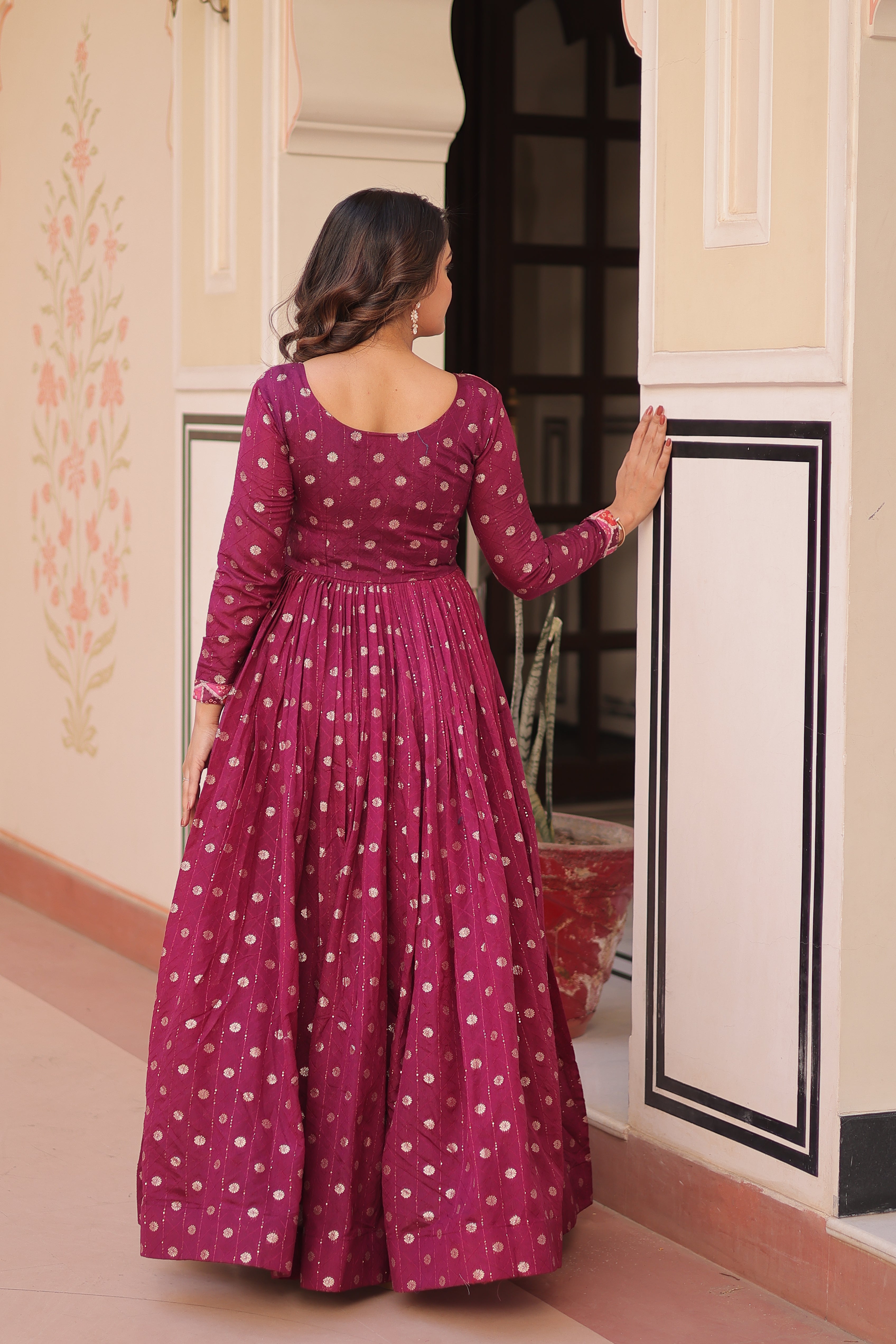 Elegant Bandhej Anarkali Gown with Embroidered Yoke