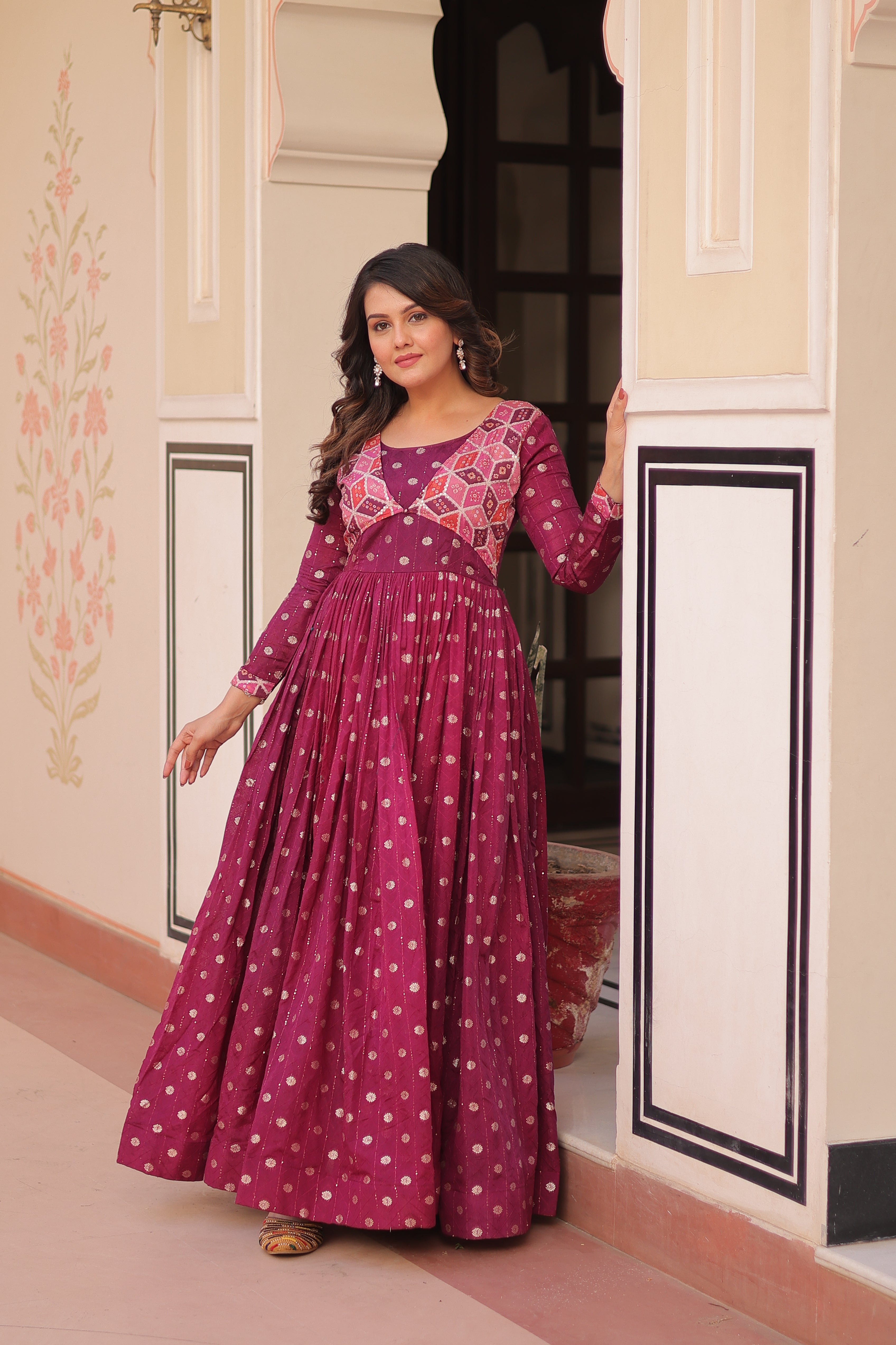Elegant Bandhej Anarkali Gown with Embroidered Yoke