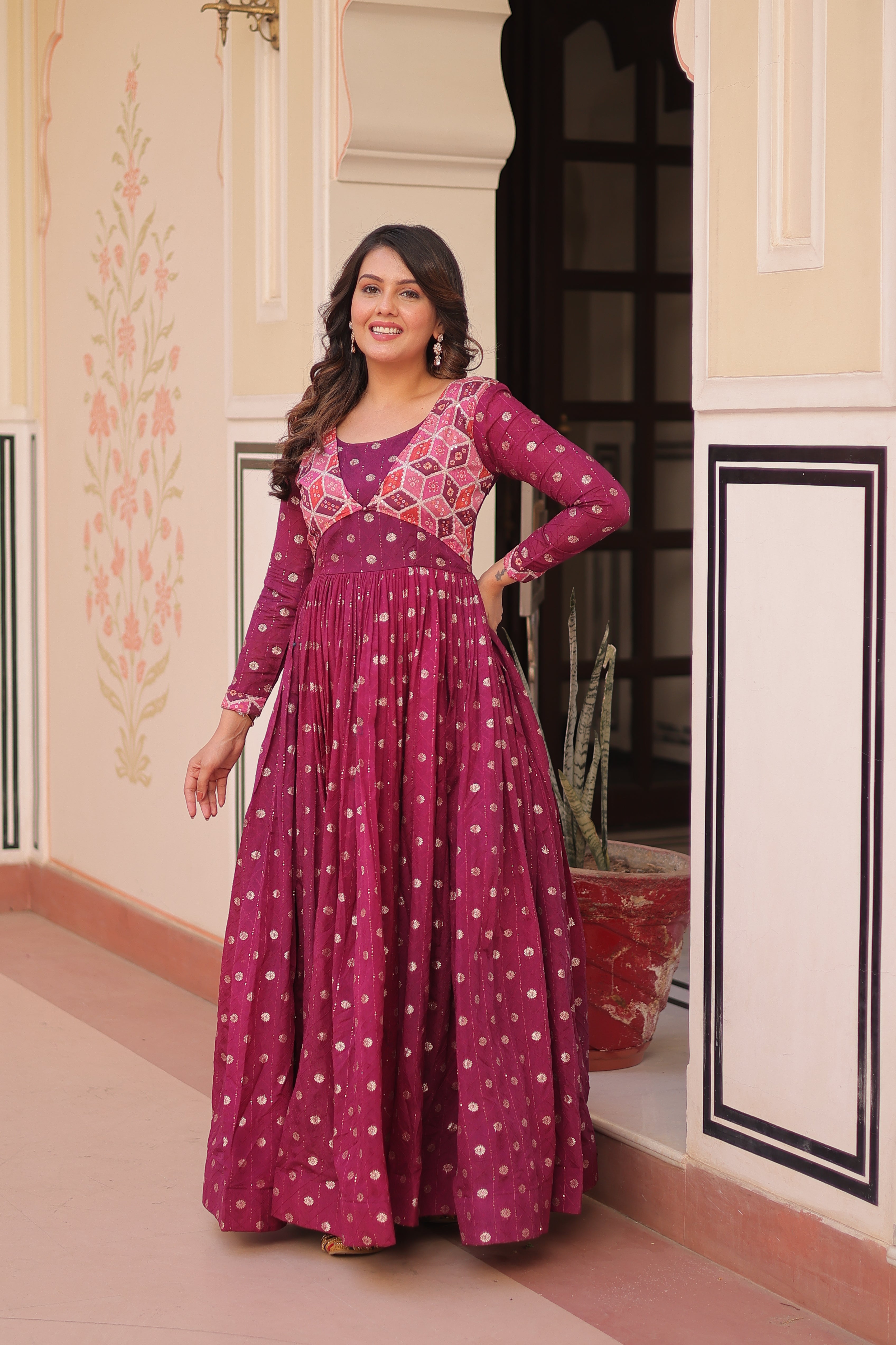 Elegant Bandhej Anarkali Gown with Embroidered Yoke