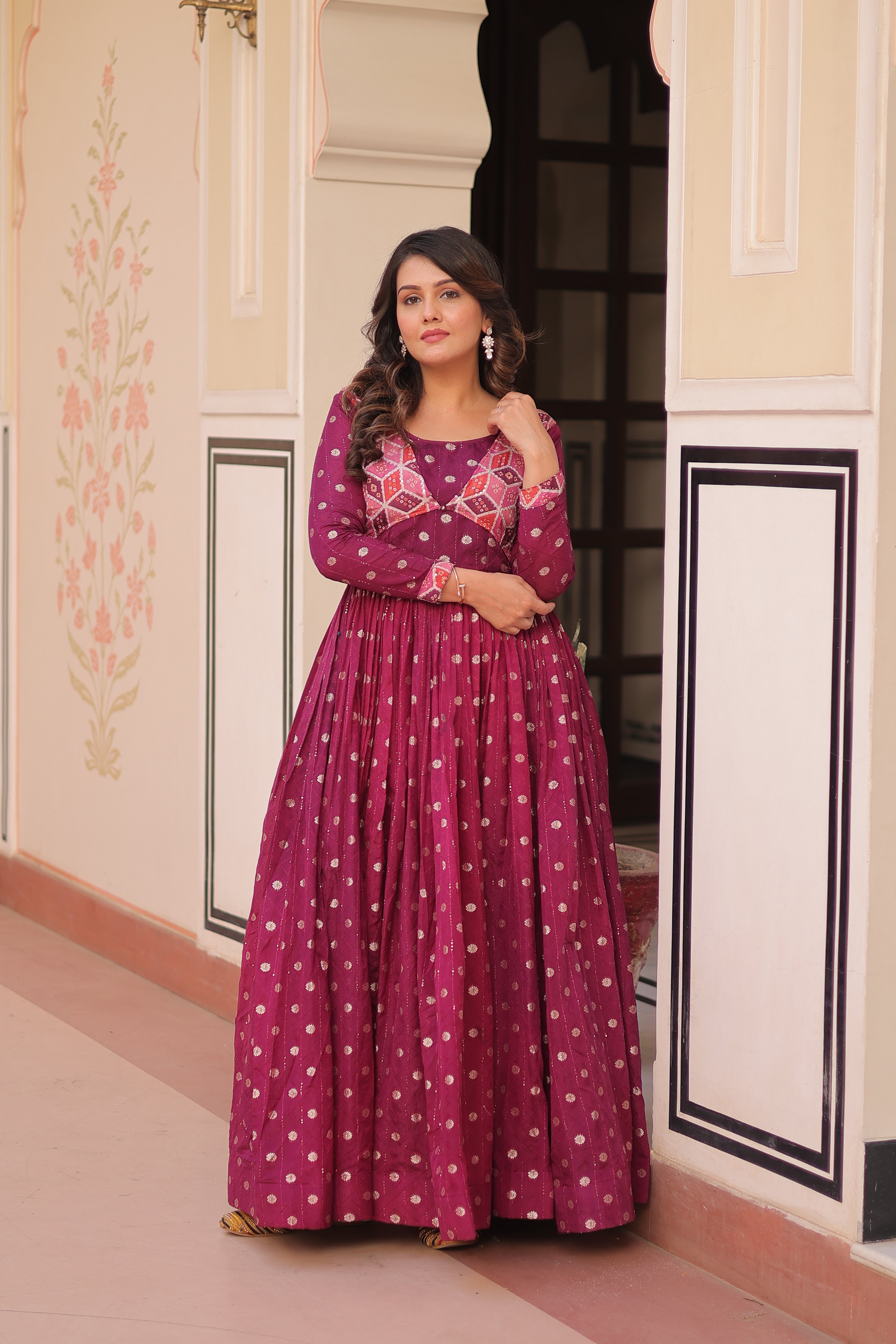 Elegant Bandhej Anarkali Gown with Embroidered Yoke