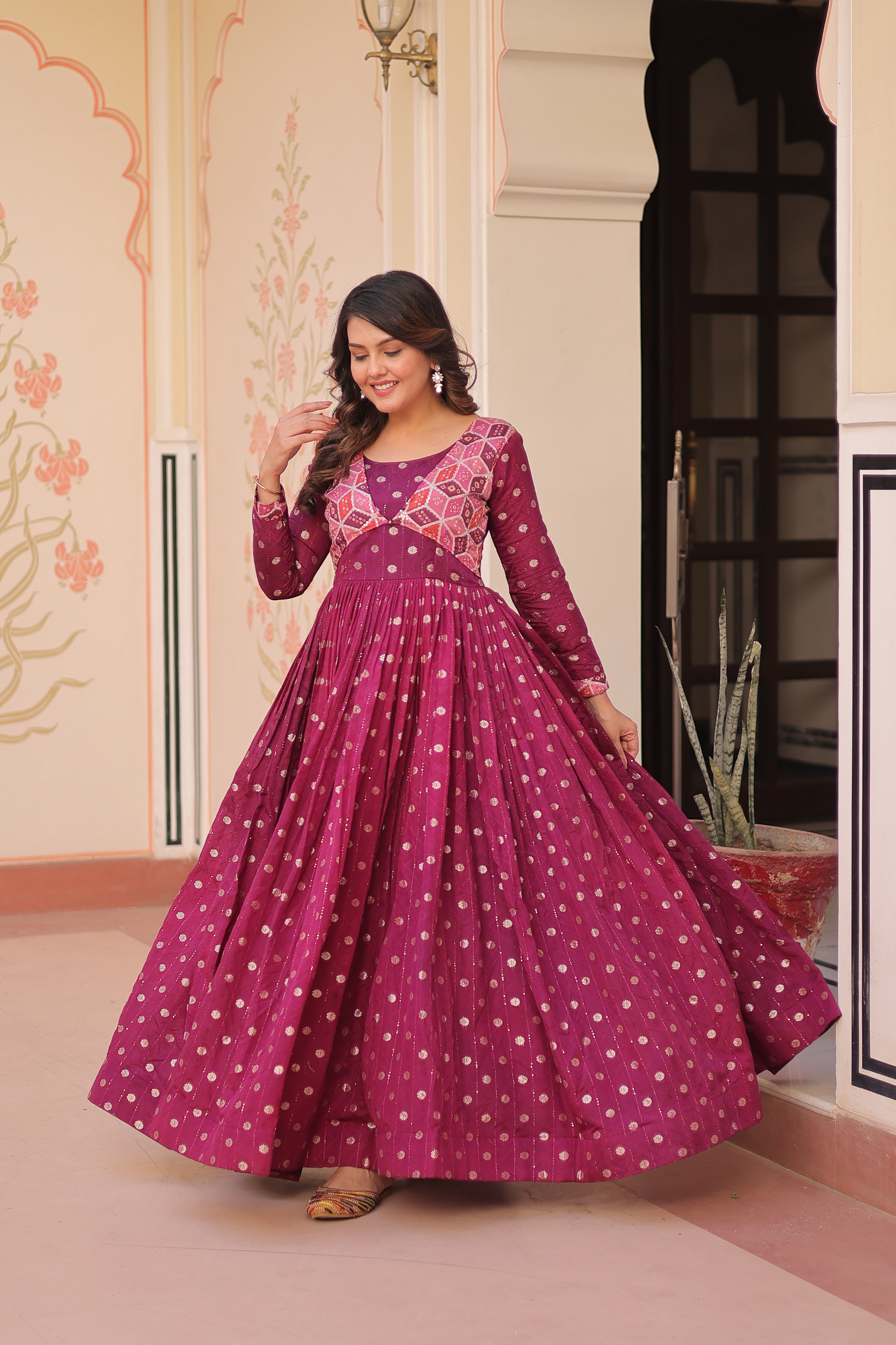 Elegant Bandhej Anarkali Gown with Embroidered Yoke