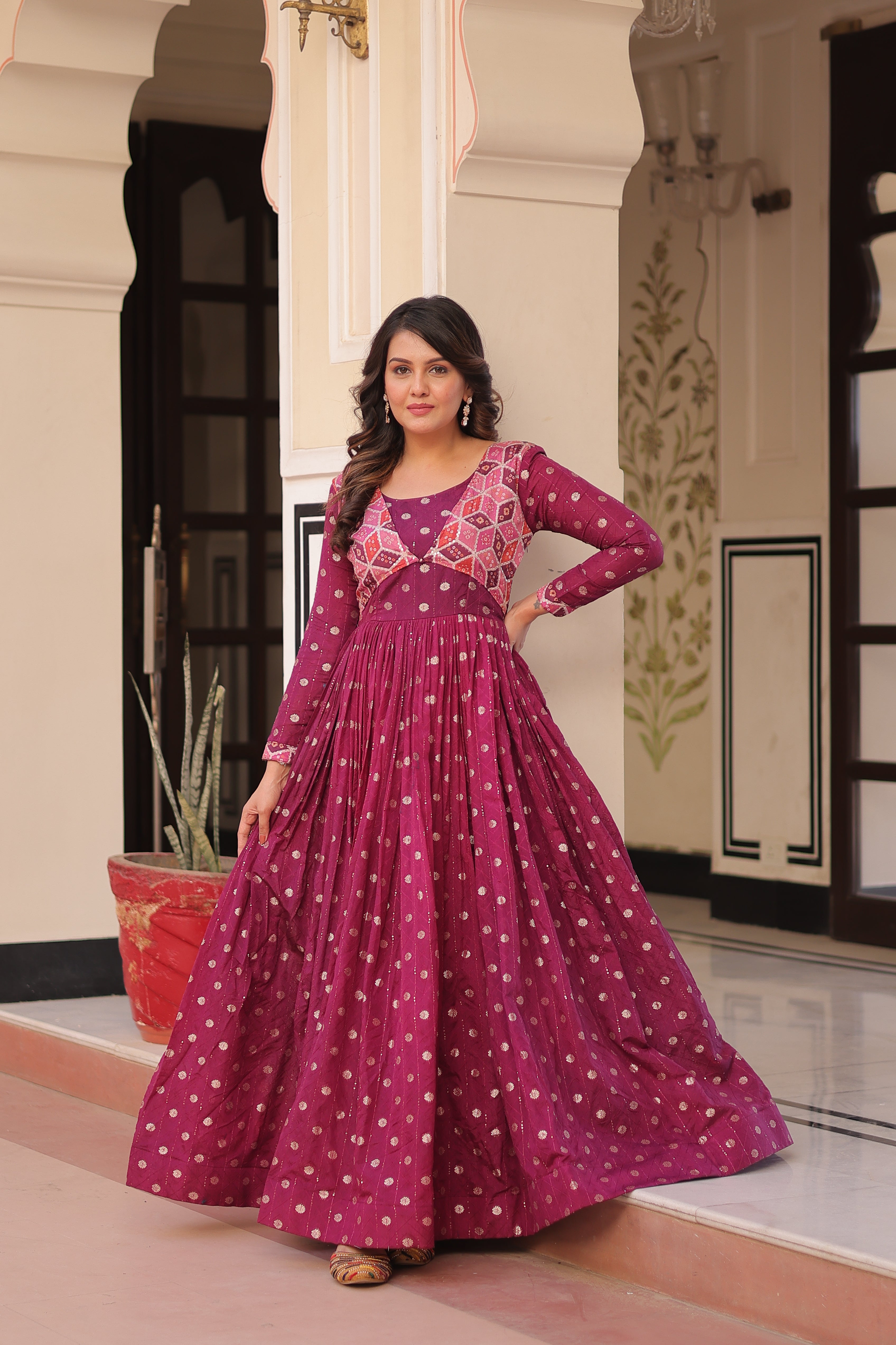 Elegant Bandhej Anarkali Gown with Embroidered Yoke