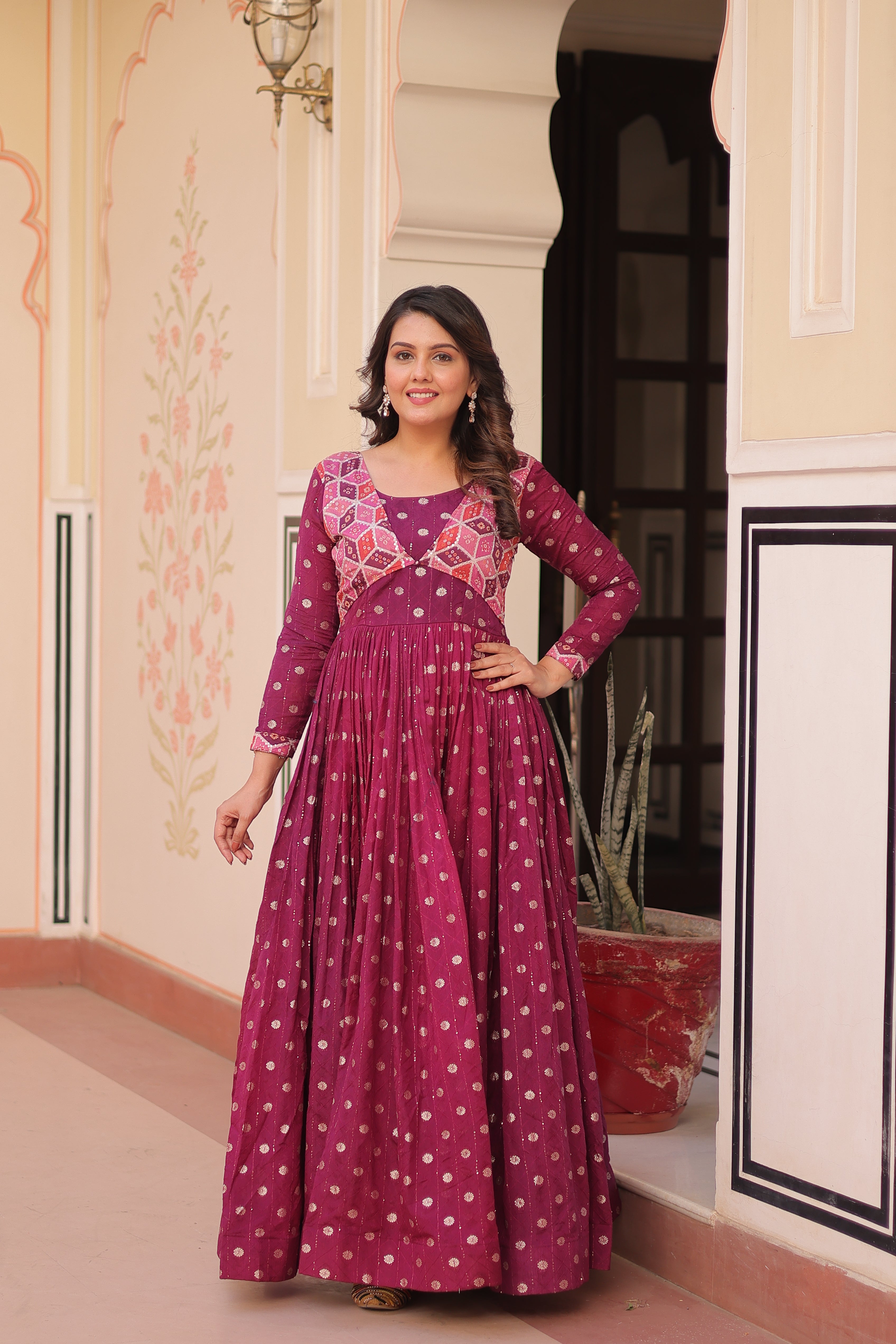Elegant Bandhej Anarkali Gown with Embroidered Yoke
