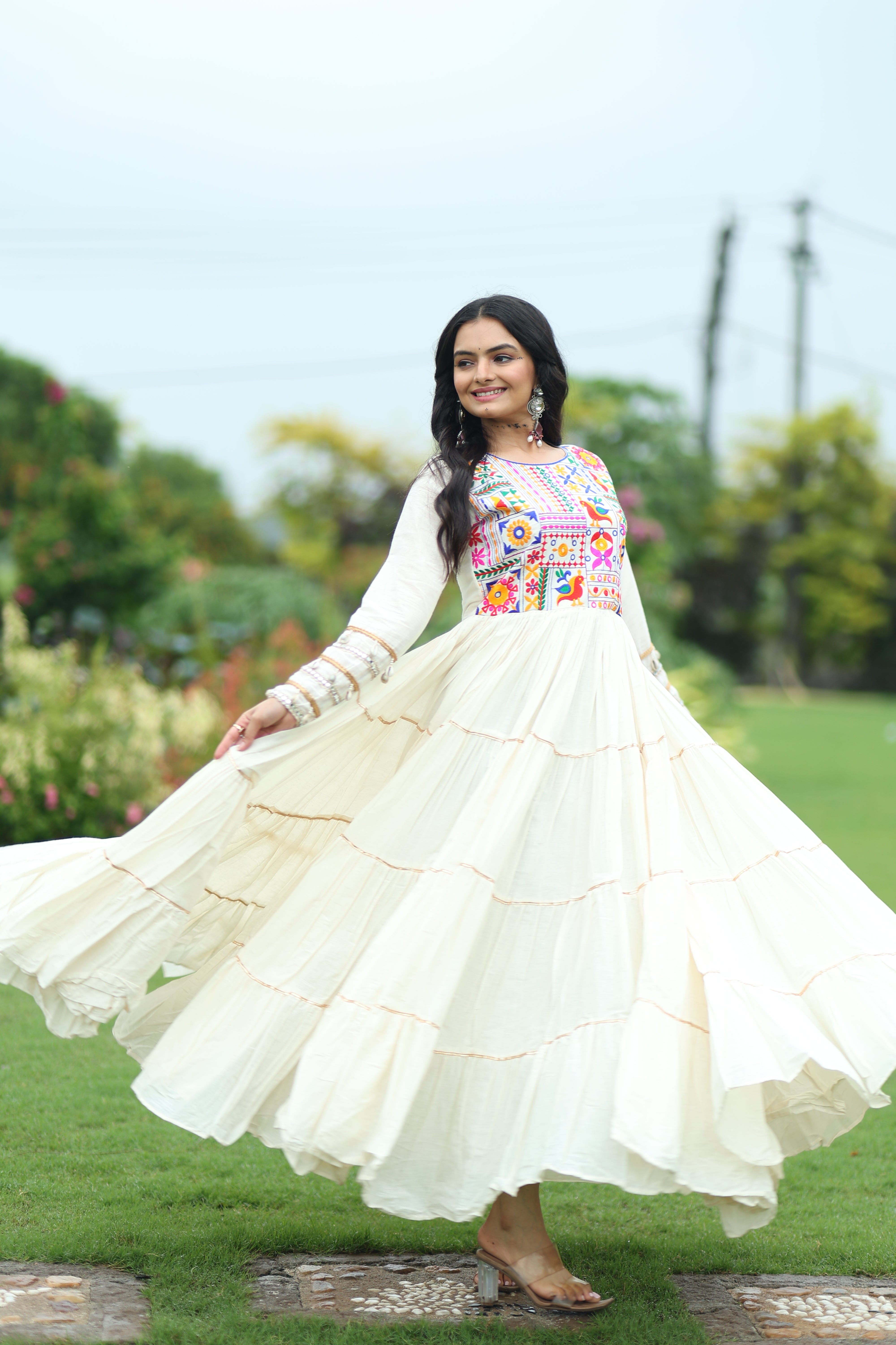 Tiered Mirror Embroidered Anarkali Gown