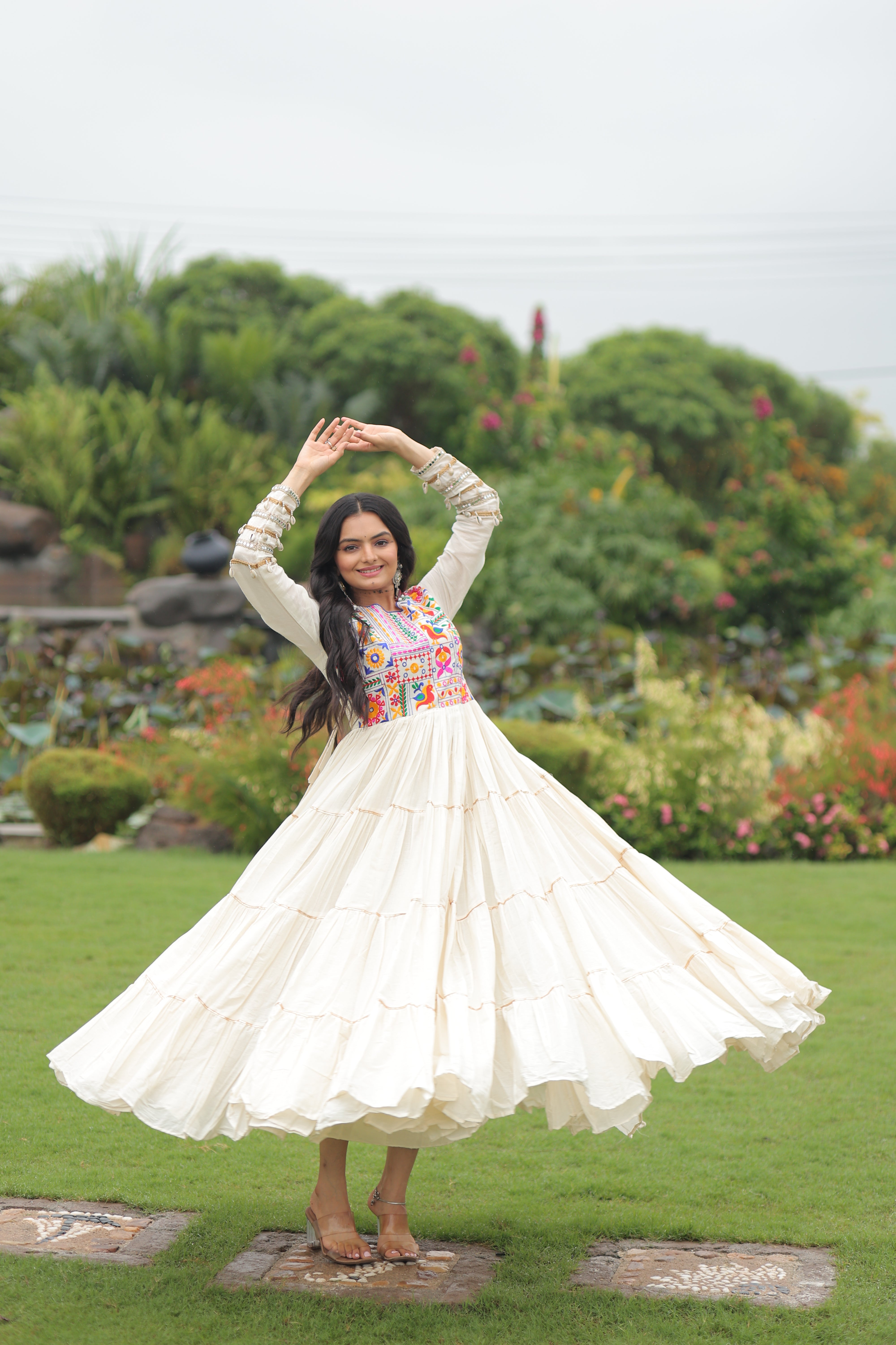 Tiered Mirror Embroidered Anarkali Gown