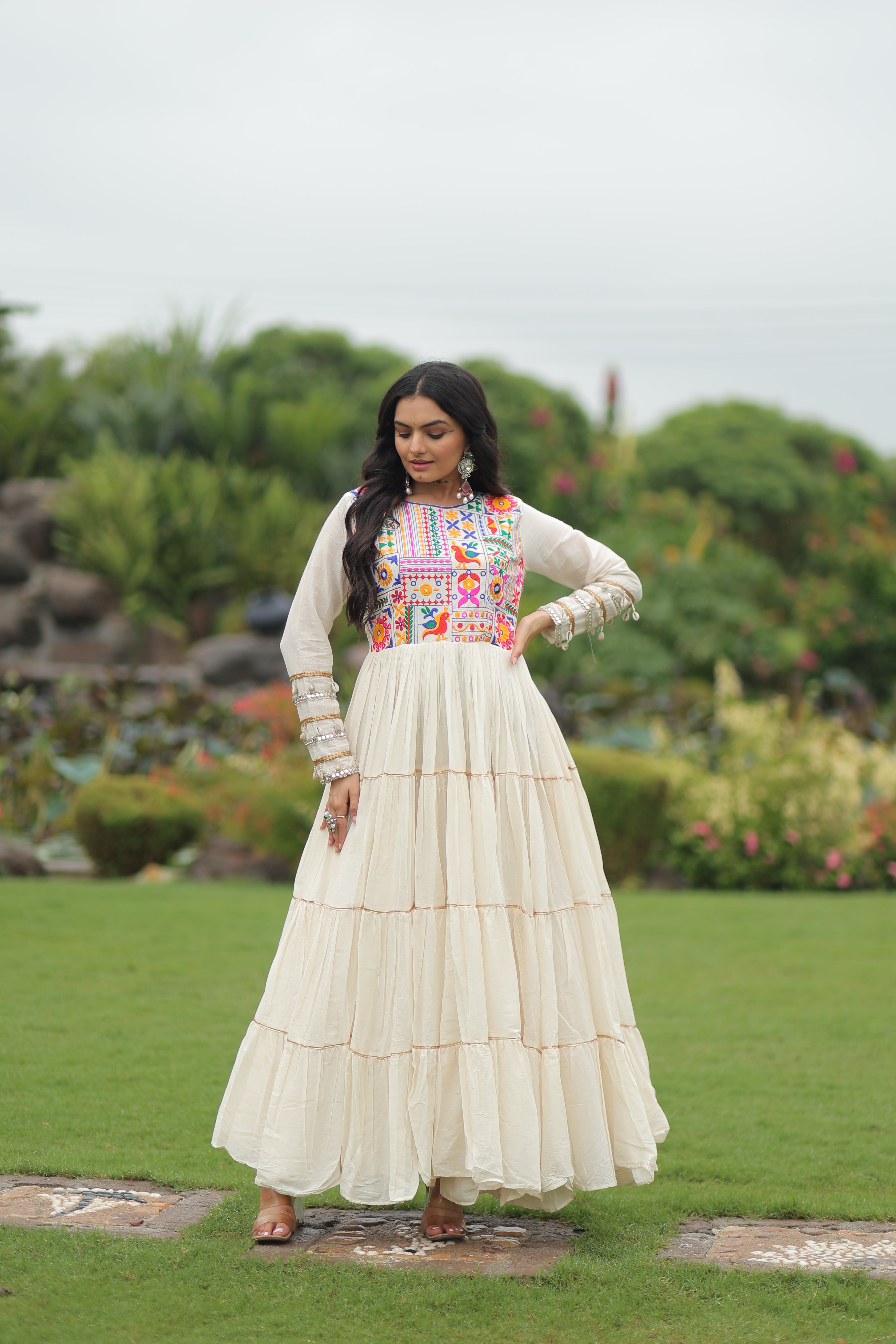 Tiered Mirror Embroidered Anarkali Gown