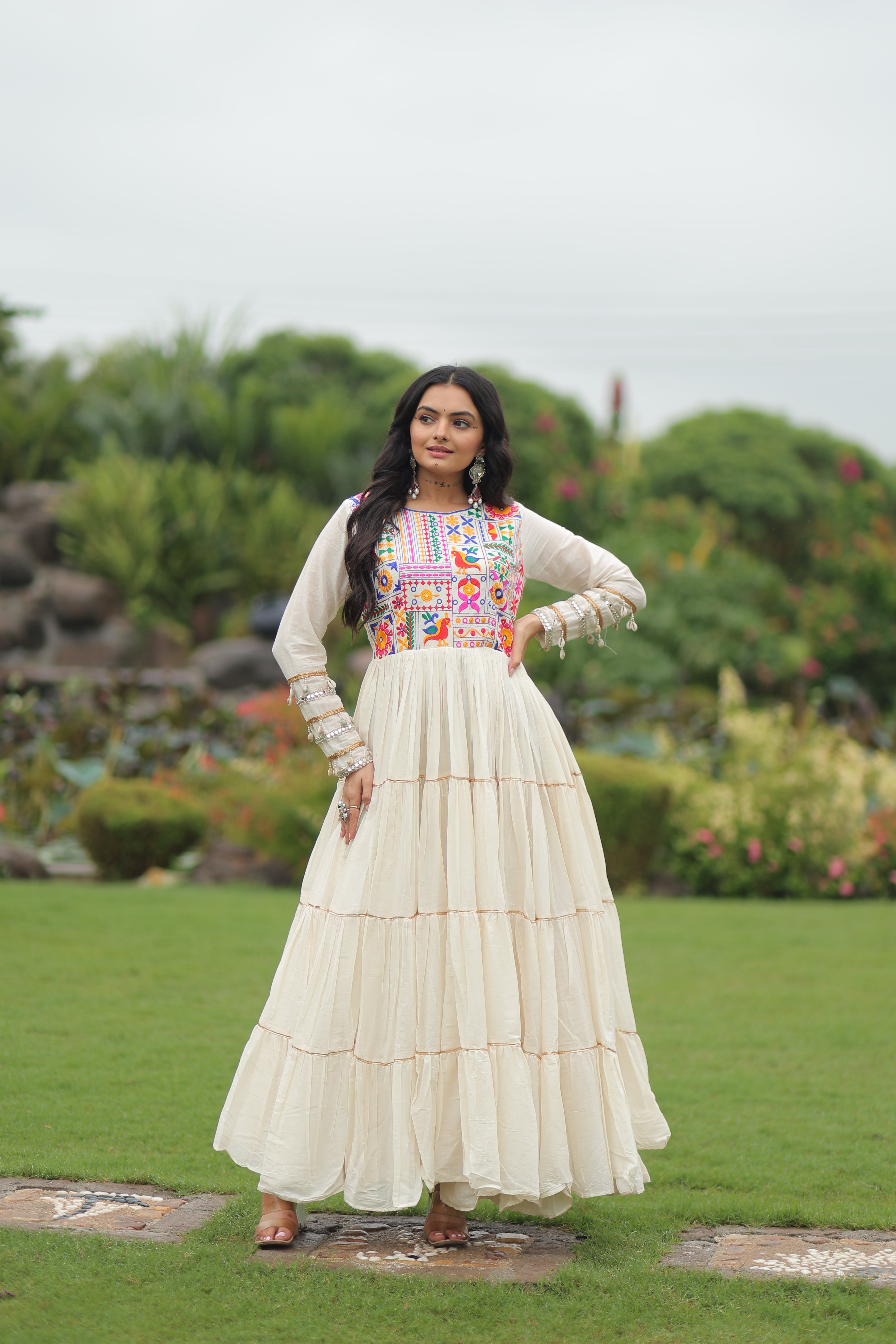 Tiered Mirror Embroidered Anarkali Gown