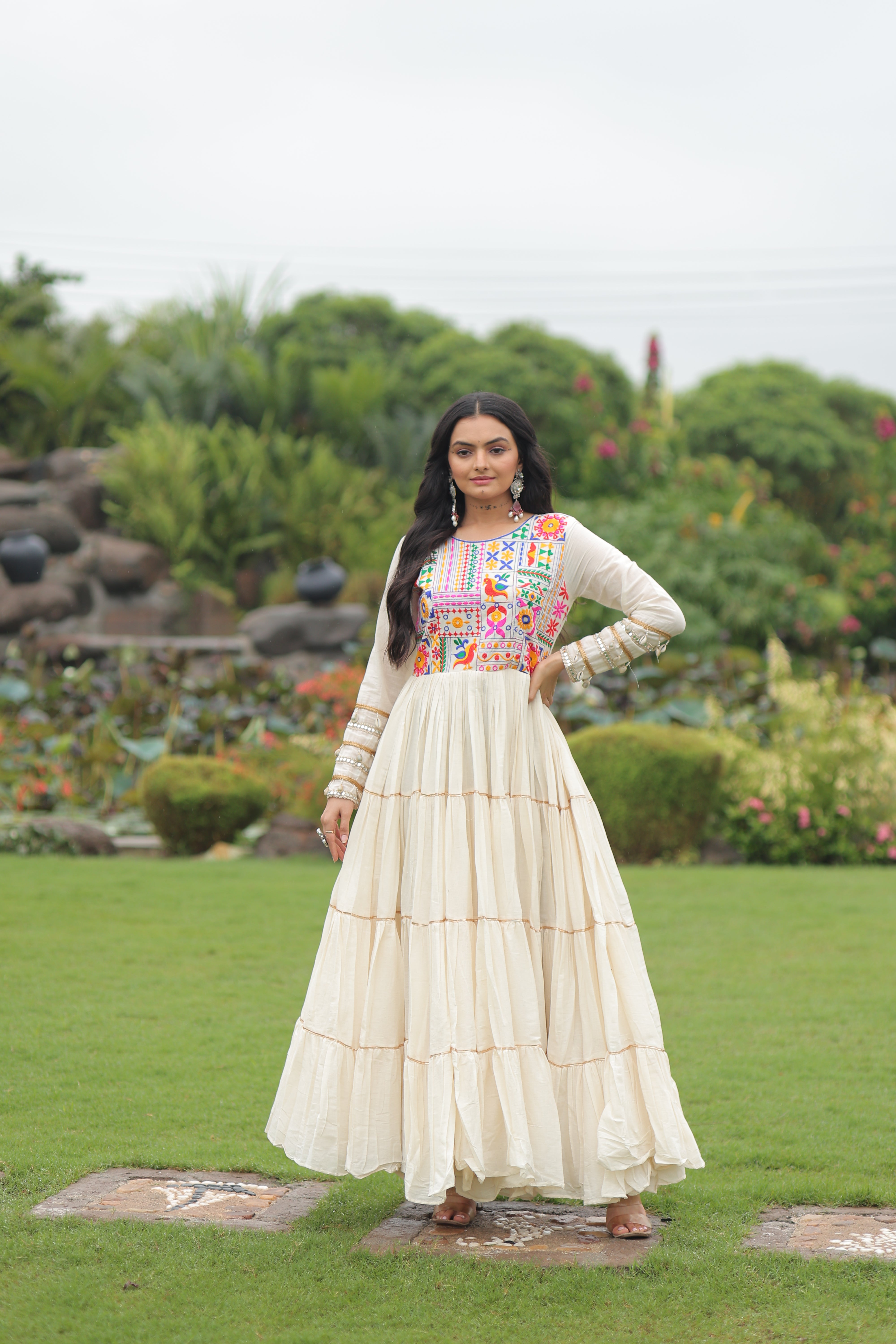 Tiered Mirror Embroidered Anarkali Gown