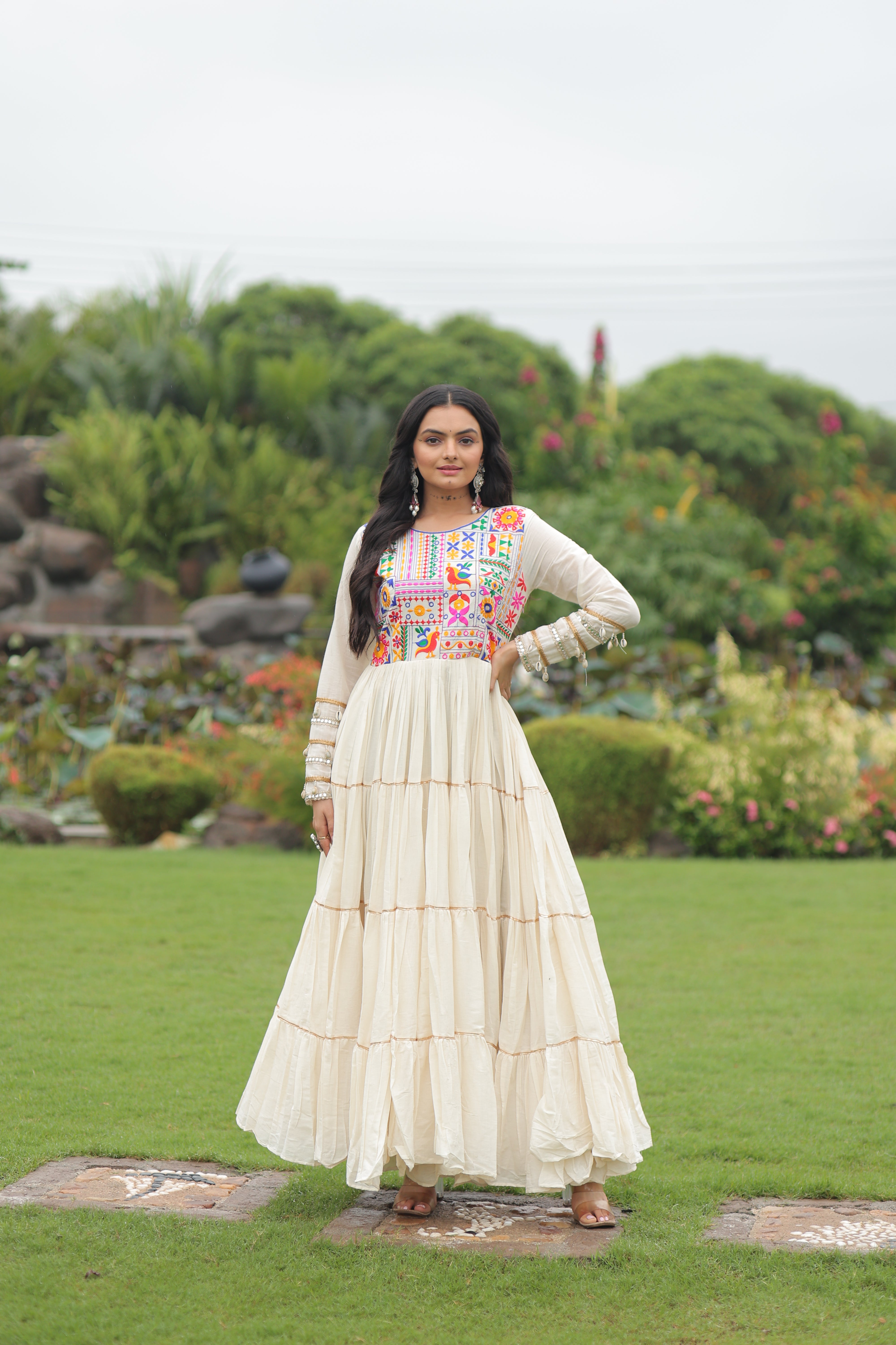 Tiered Mirror Embroidered Anarkali Gown